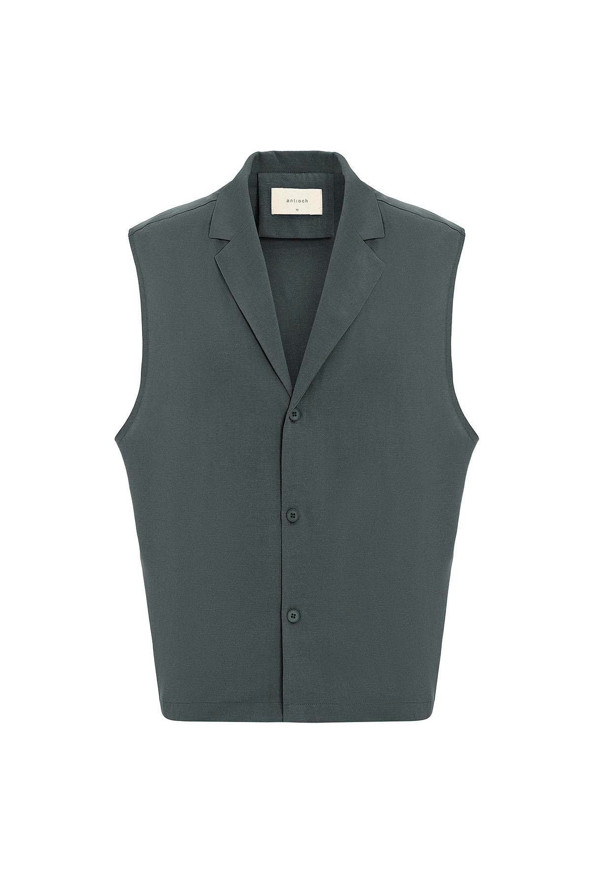 Antioch Haki Keten Karışımlı Kolsuz Erkek Gömlek