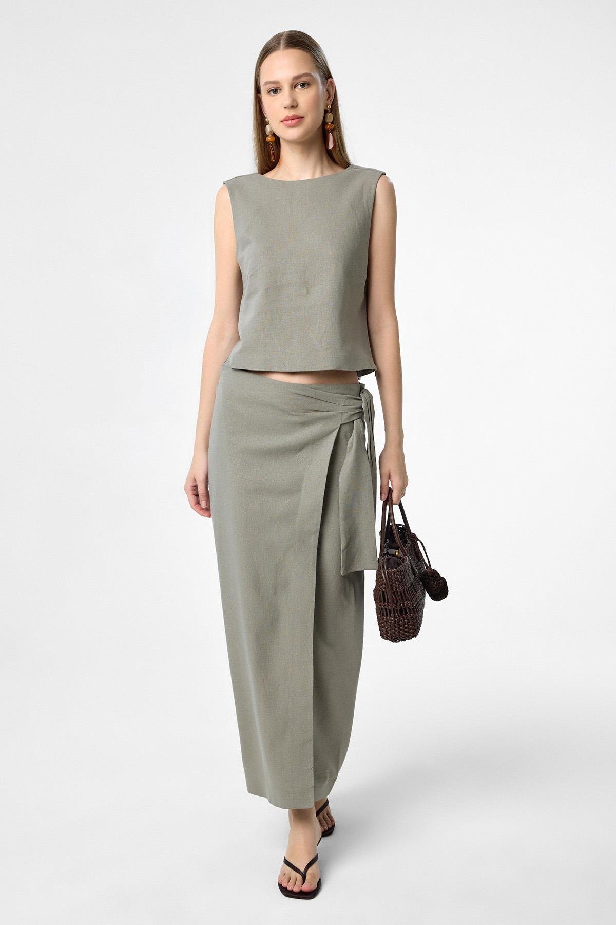 Antioch Haki Keten Karışımlı Kuşaklı Kadın Etek