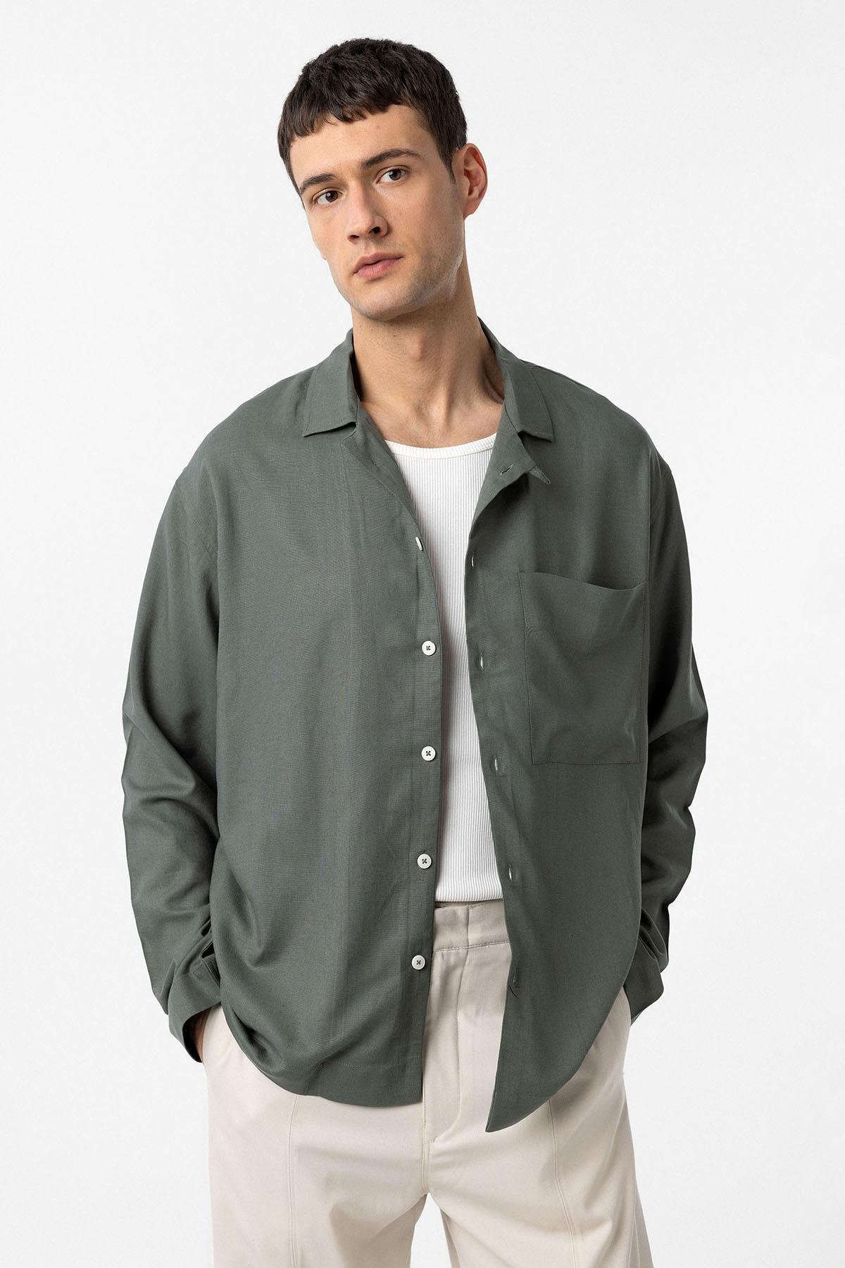 Antioch Haki Keten Karışımlı Relax Fit Erkek Gömlek