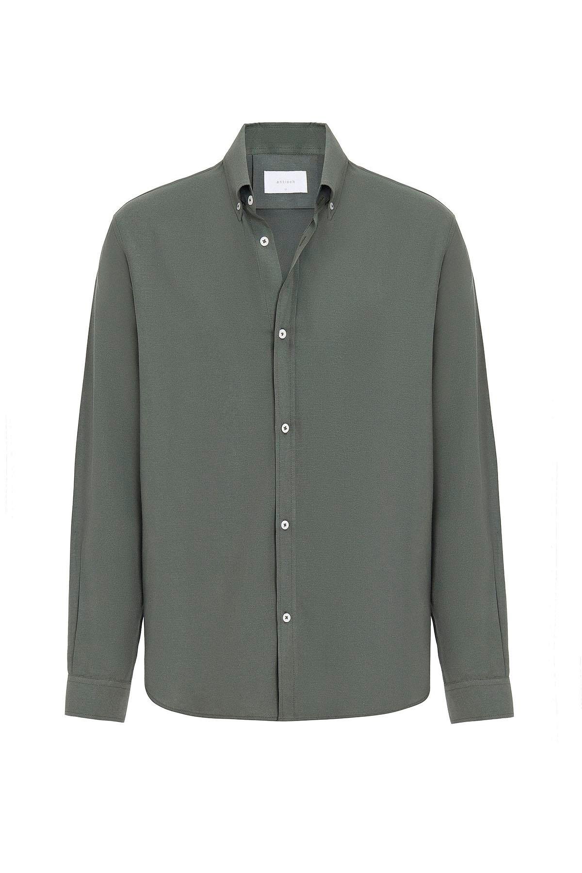 Antioch Haki Keten Karışımlı Yaka Düğmeli Erkek Gömlek