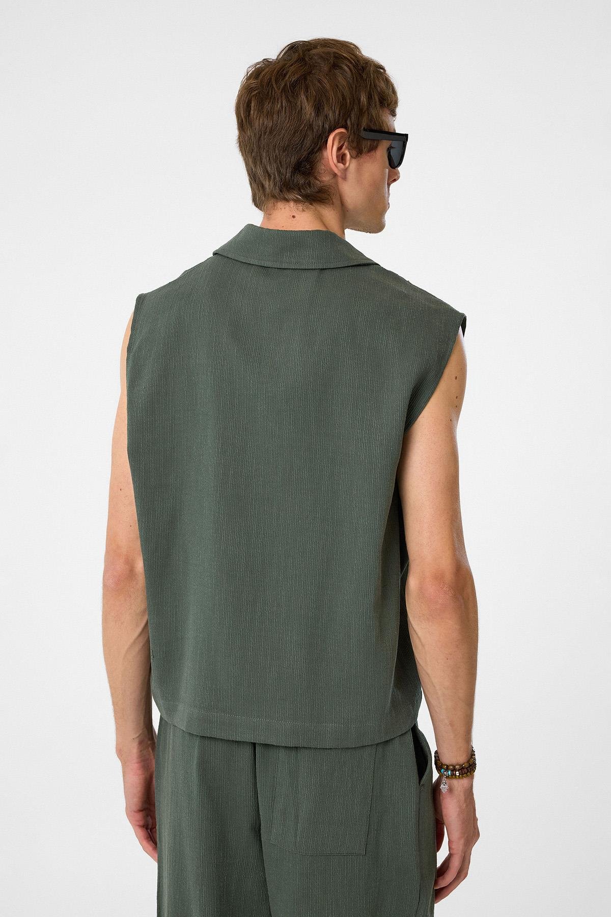 Antioch Haki Polo Yaka Dokulu Erkek Yelek