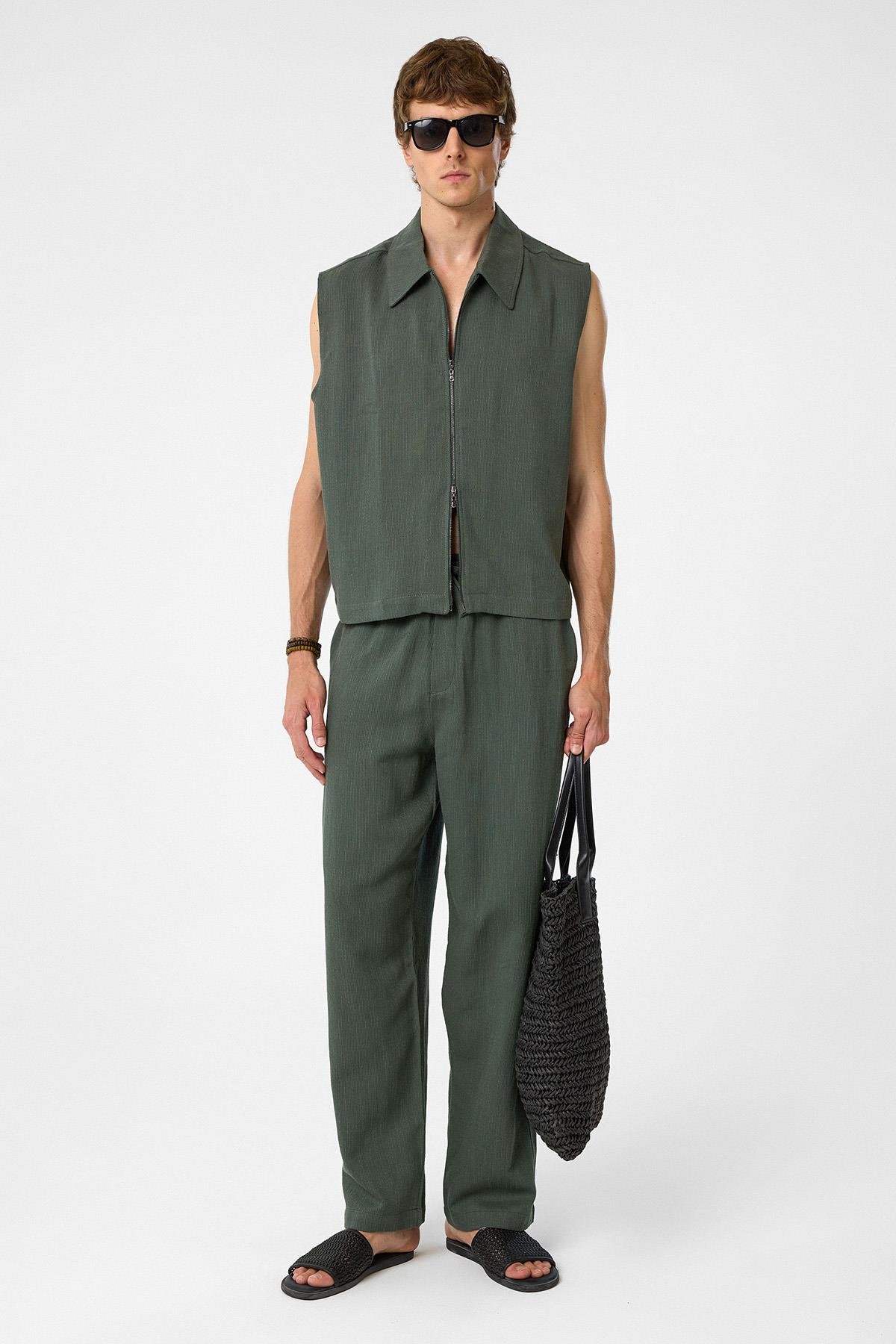 Antioch Haki Polo Yaka Dokulu Erkek Yelek