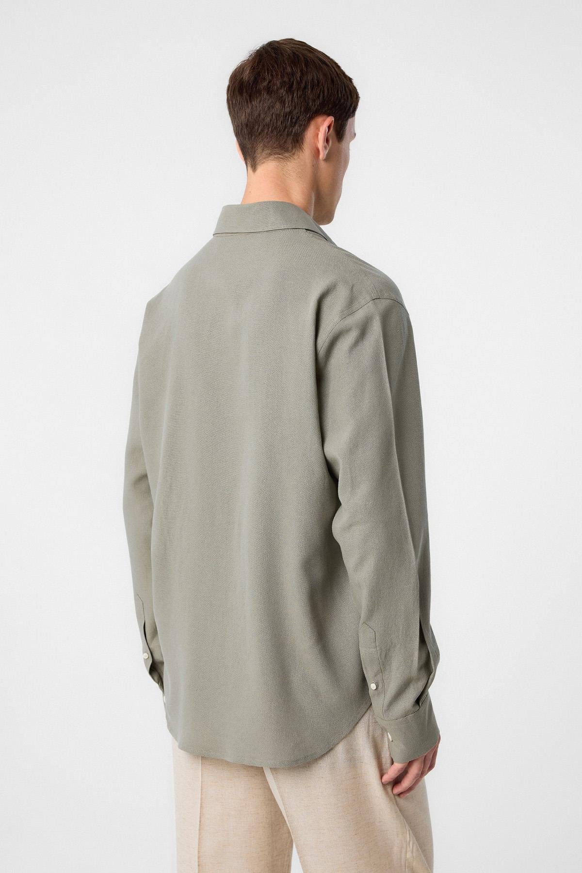 Antioch Haki Relax Fit Keten Karışımlı Erkek Gömlek