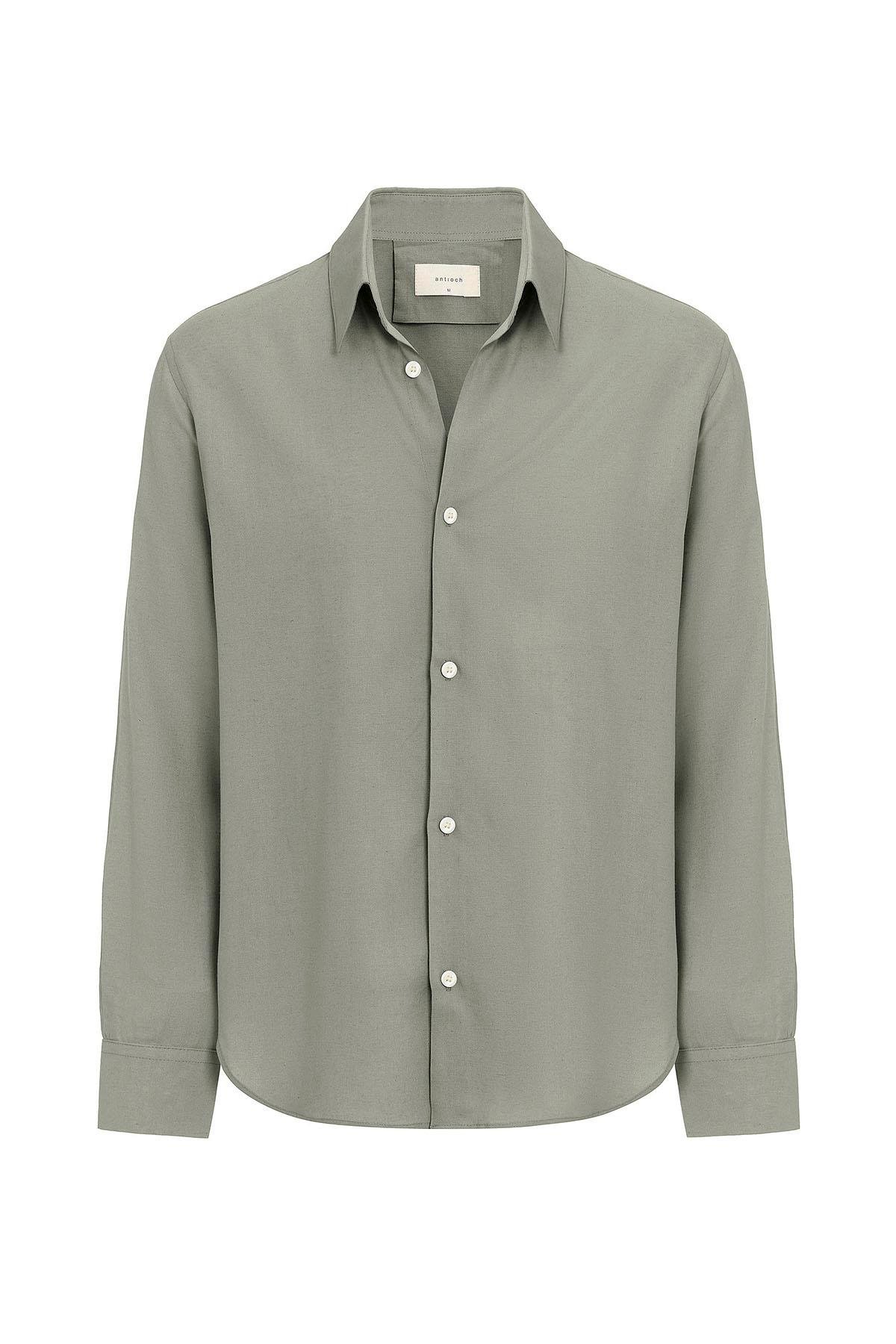 Antioch Haki Relax Fit Keten Karışımlı Erkek Gömlek