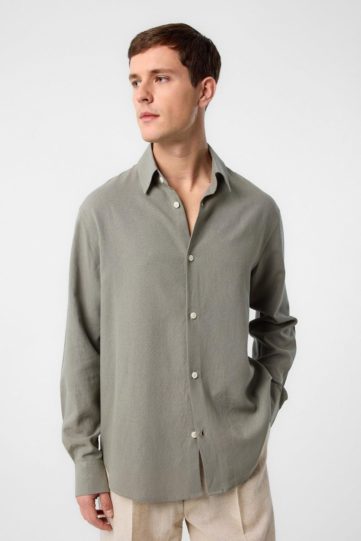 Antioch Haki Relax Fit Keten Karışımlı Erkek Gömlek