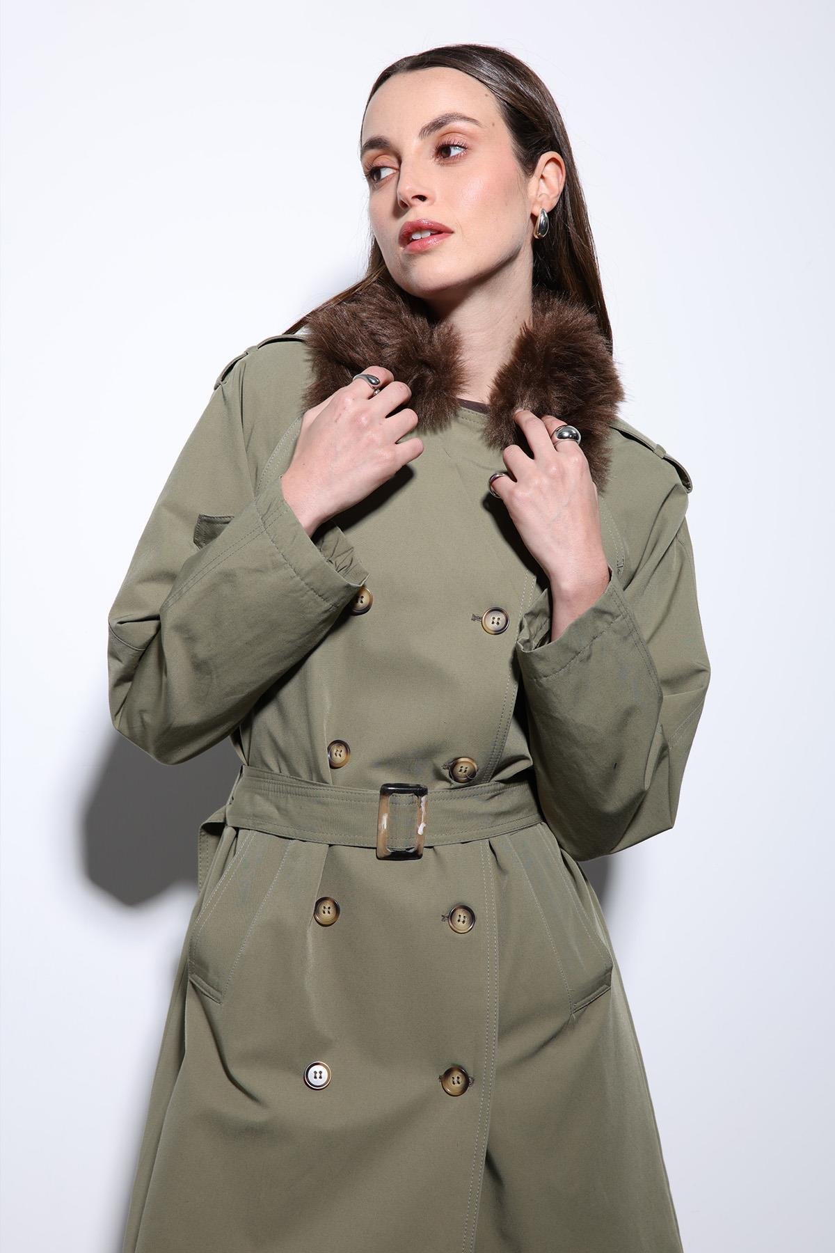 Antioch Haki Suni Kürklü Yaka Kadın Trençkot