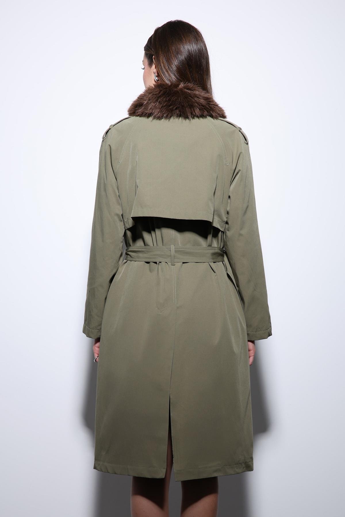 Antioch Haki Suni Kürklü Yaka Kadın Trençkot