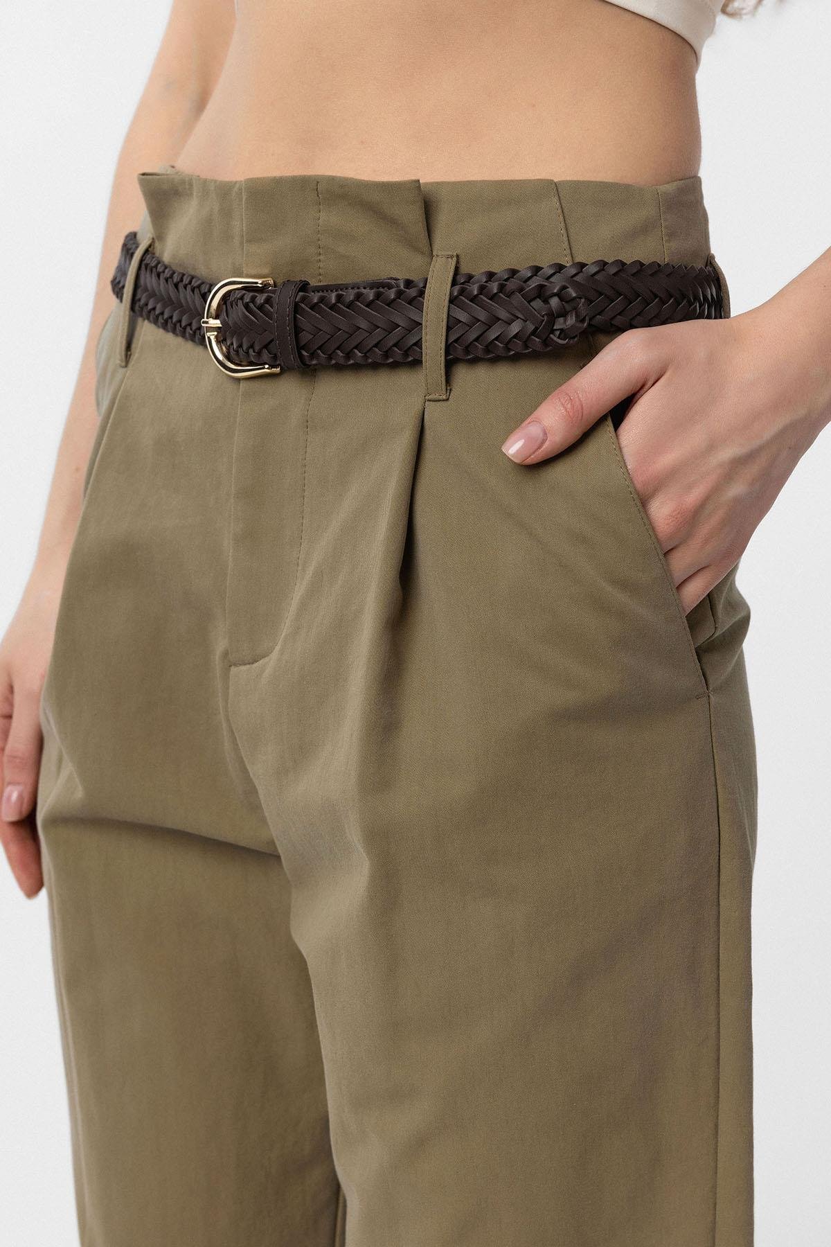 Antioch Haki Yüksek Bel Paçası Düğmeli Fit Kadın Pantolon