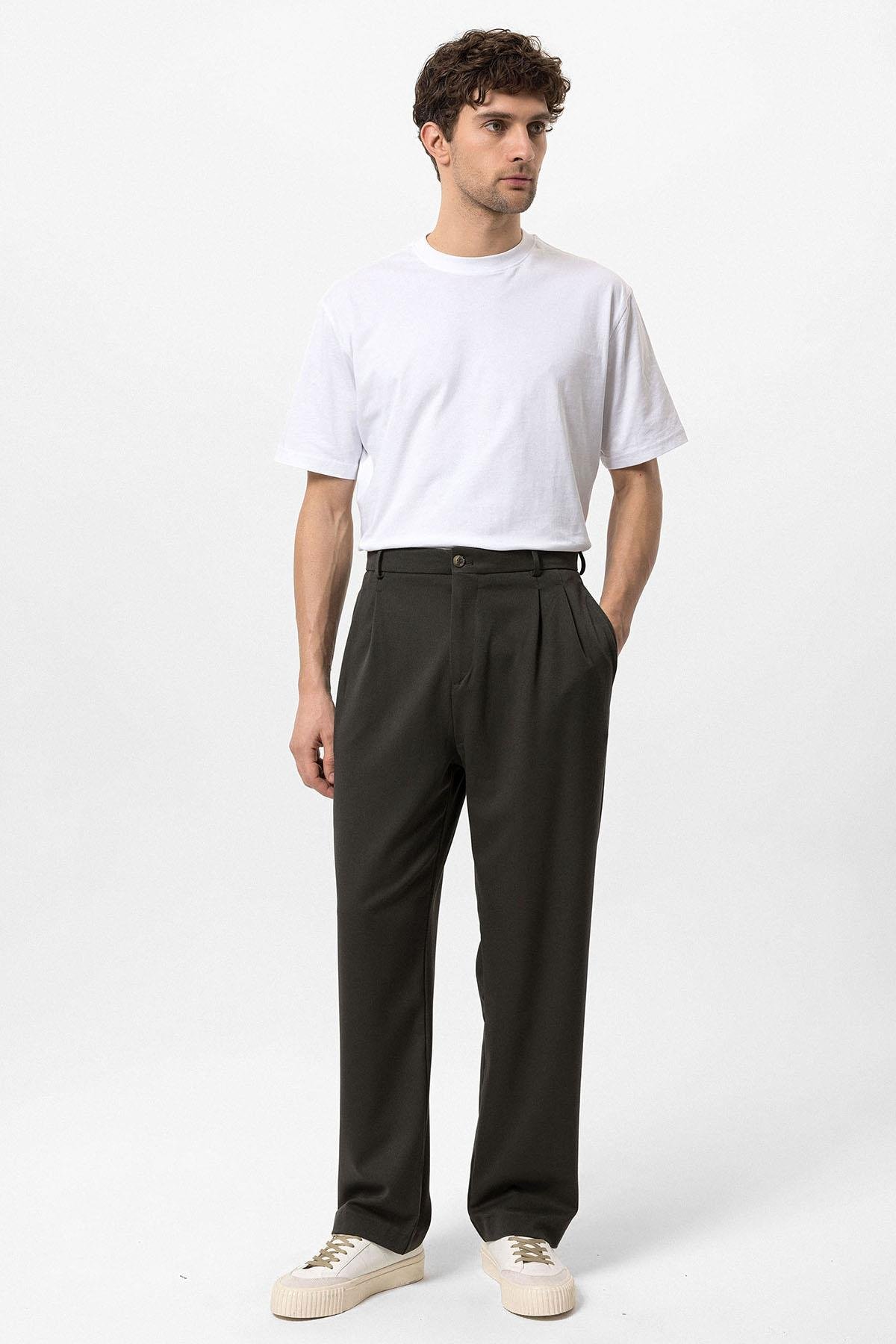 Antioch Haki Yüksek Bel Pileli Rahat Kalıp Erkek Pantolon