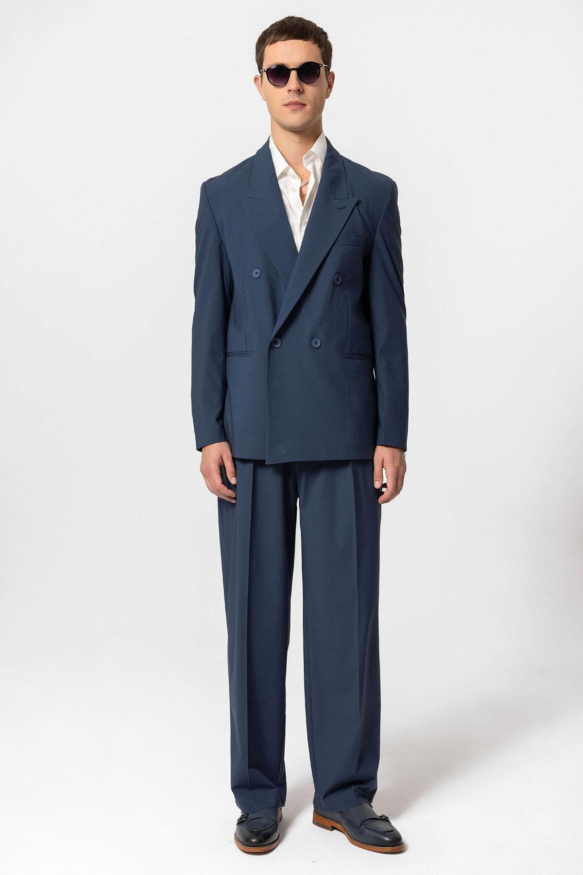 Antioch İndigo Tek Düğme Kruvaze Erkek Blazer Ceket