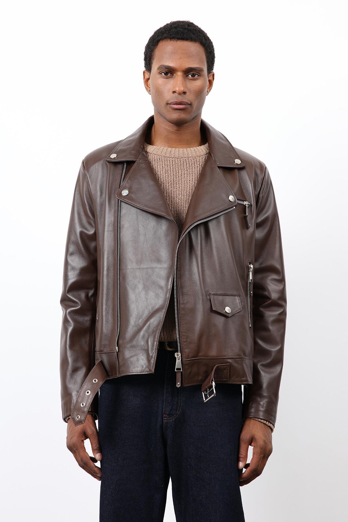 Antioch Kahve 100% Deri Biker Ceket