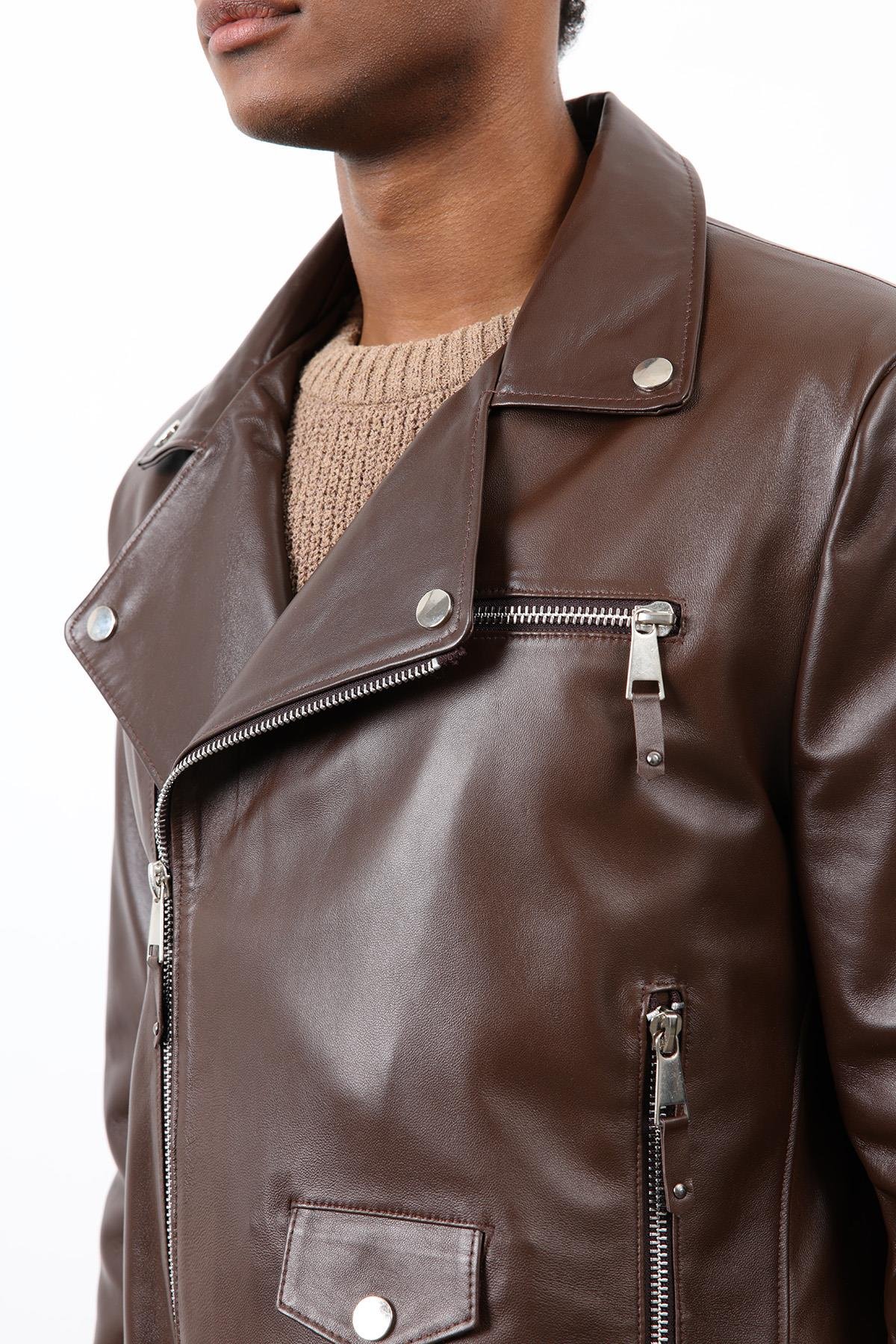 Antioch Kahve 100% Deri Biker Ceket