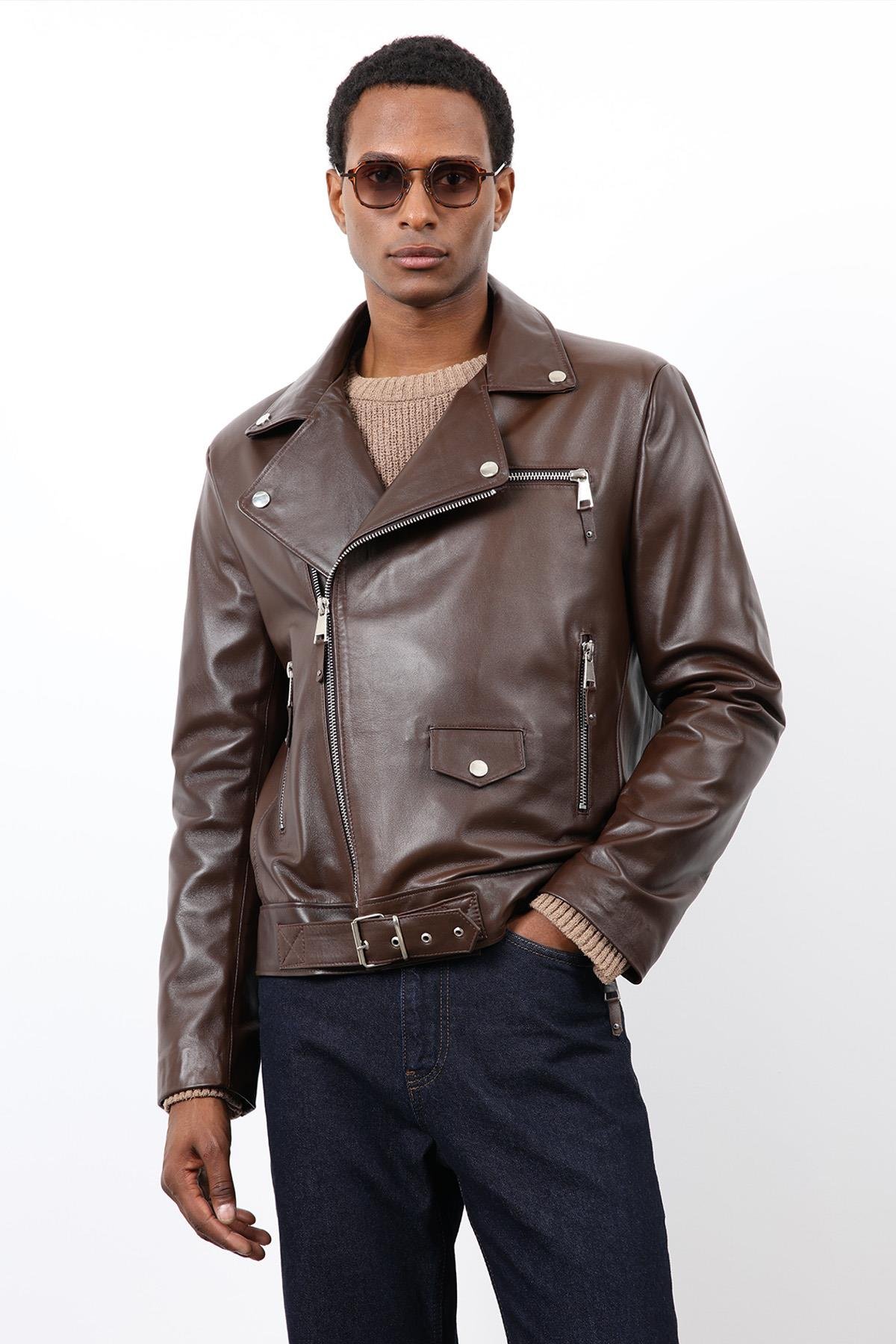 Antioch Kahve 100% Deri Biker Ceket