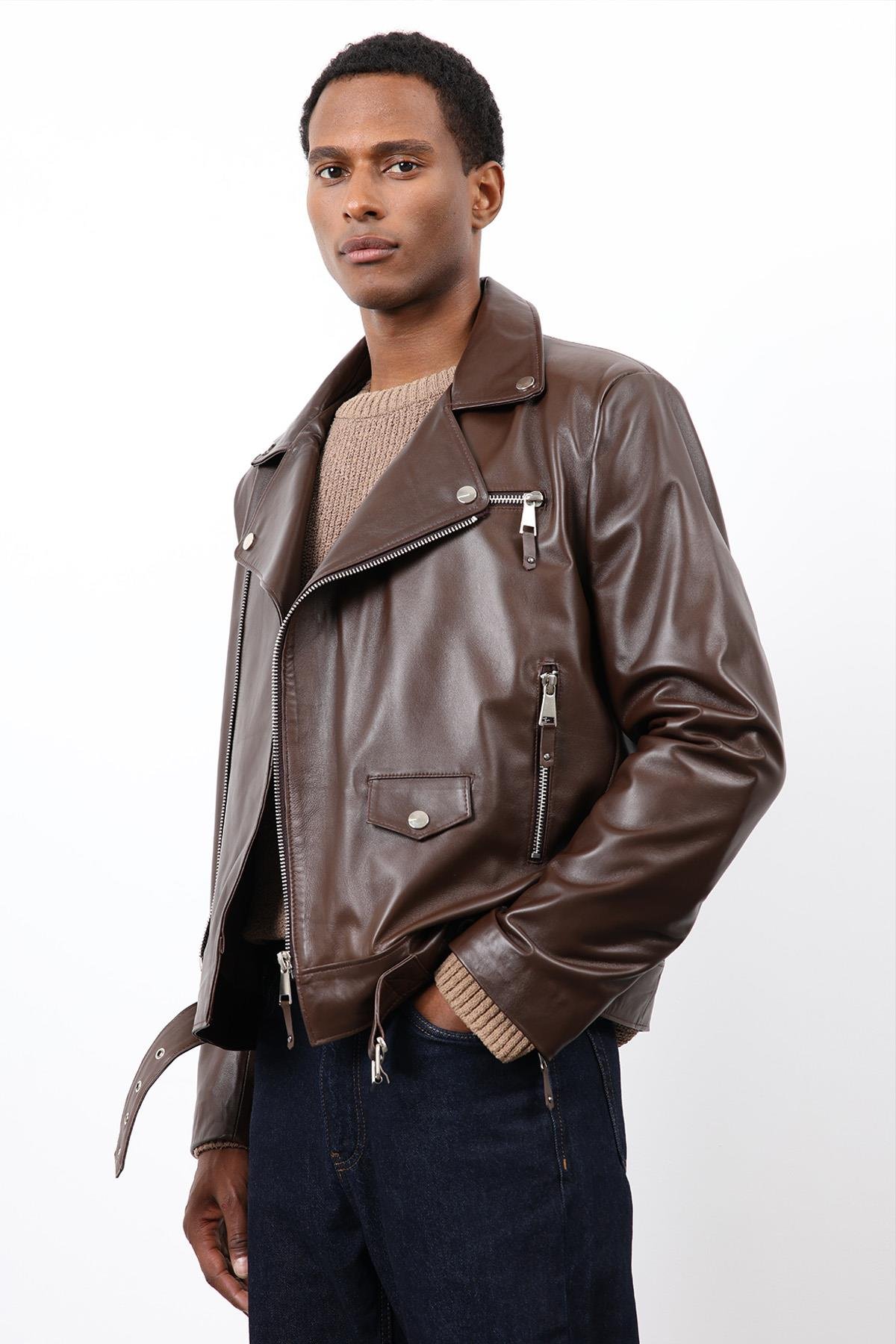 Antioch Kahve 100% Deri Biker Ceket