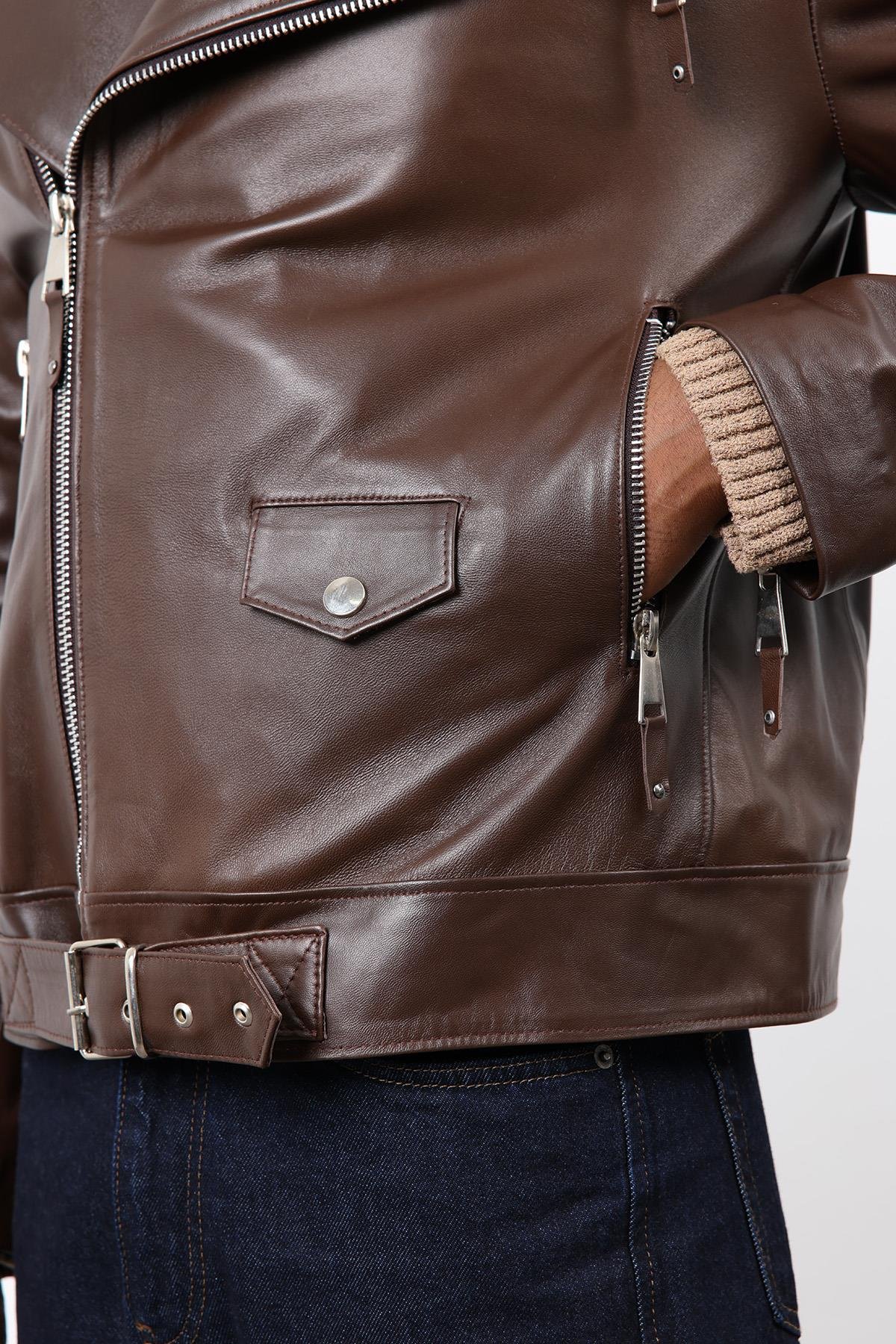 Antioch Kahve 100% Deri Biker Ceket