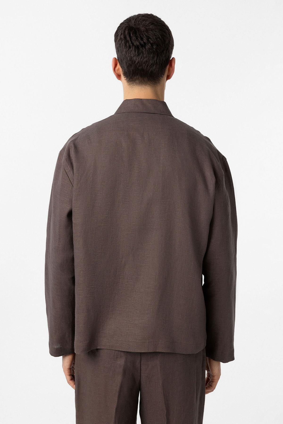 Antioch Kahve 100% Keten Relax Fit Erkek İnce Ceket