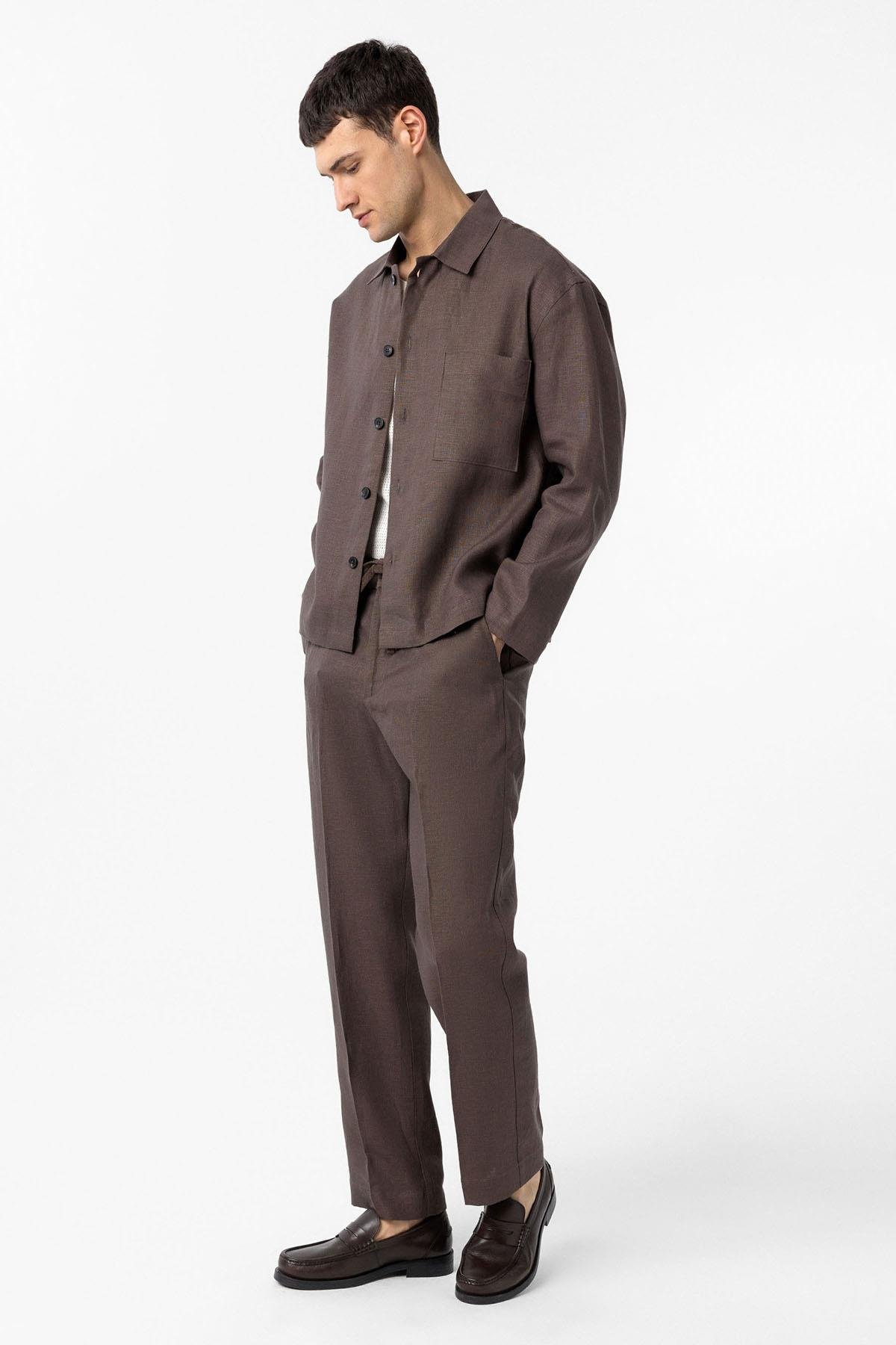 Antioch Kahve 100% Keten Relax Fit Erkek İnce Ceket