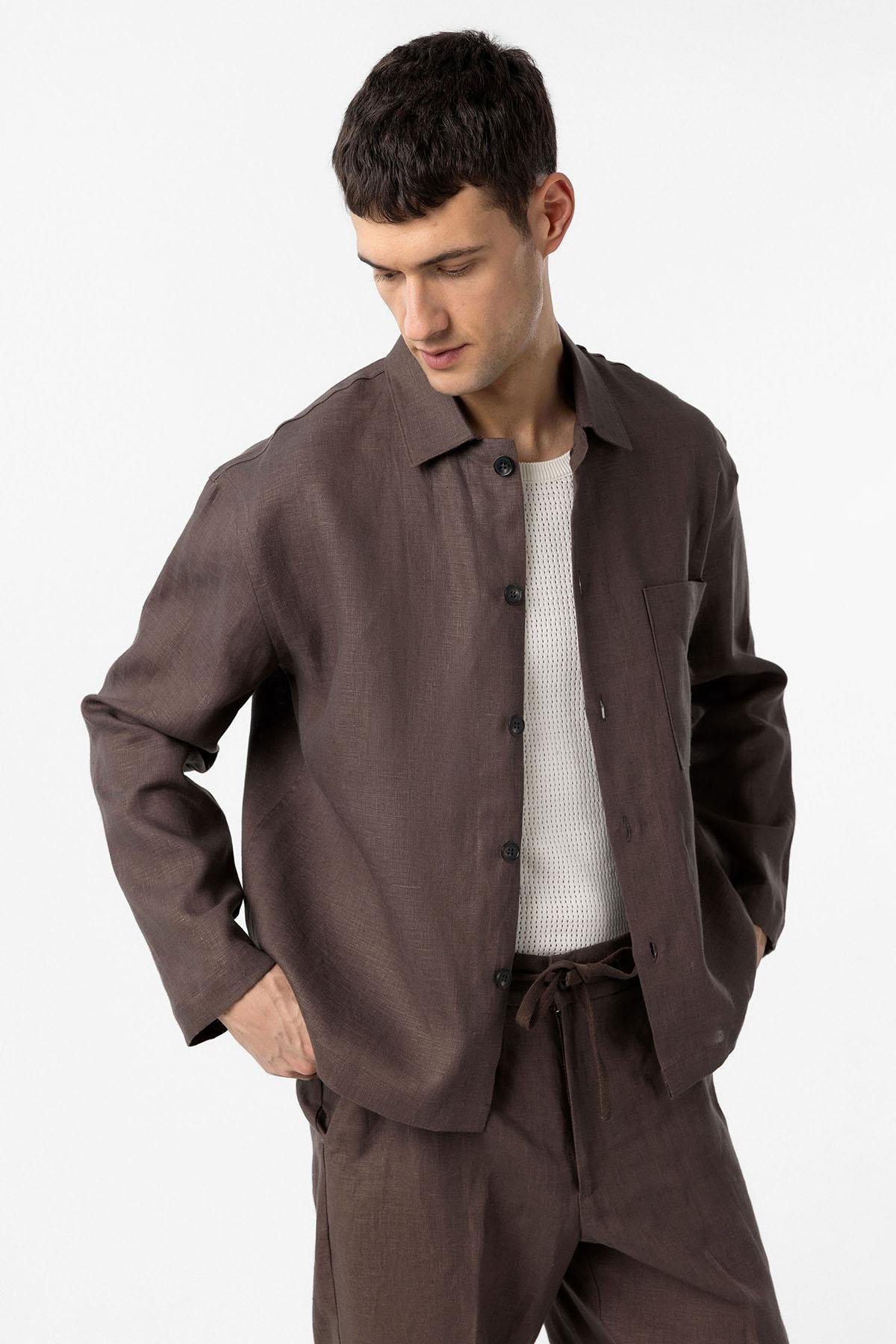 Antioch Kahve 100% Keten Relax Fit Erkek İnce Ceket