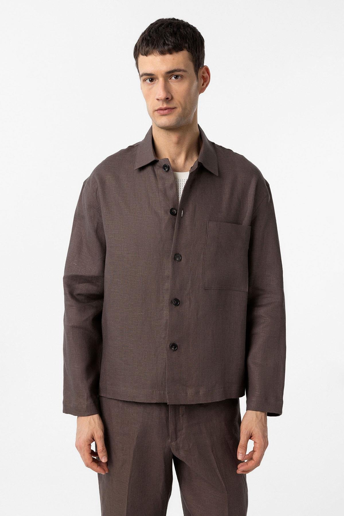 Antioch Kahve 100% Keten Relax Fit Erkek İnce Ceket