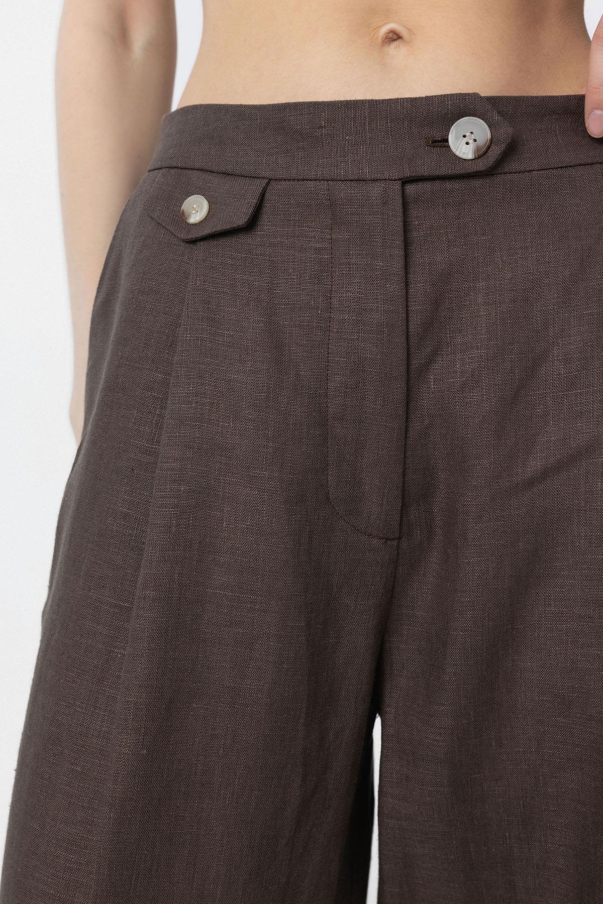 Antioch Kahve 100% Keten Yüksek Bel Pilili Kadın Pantolon