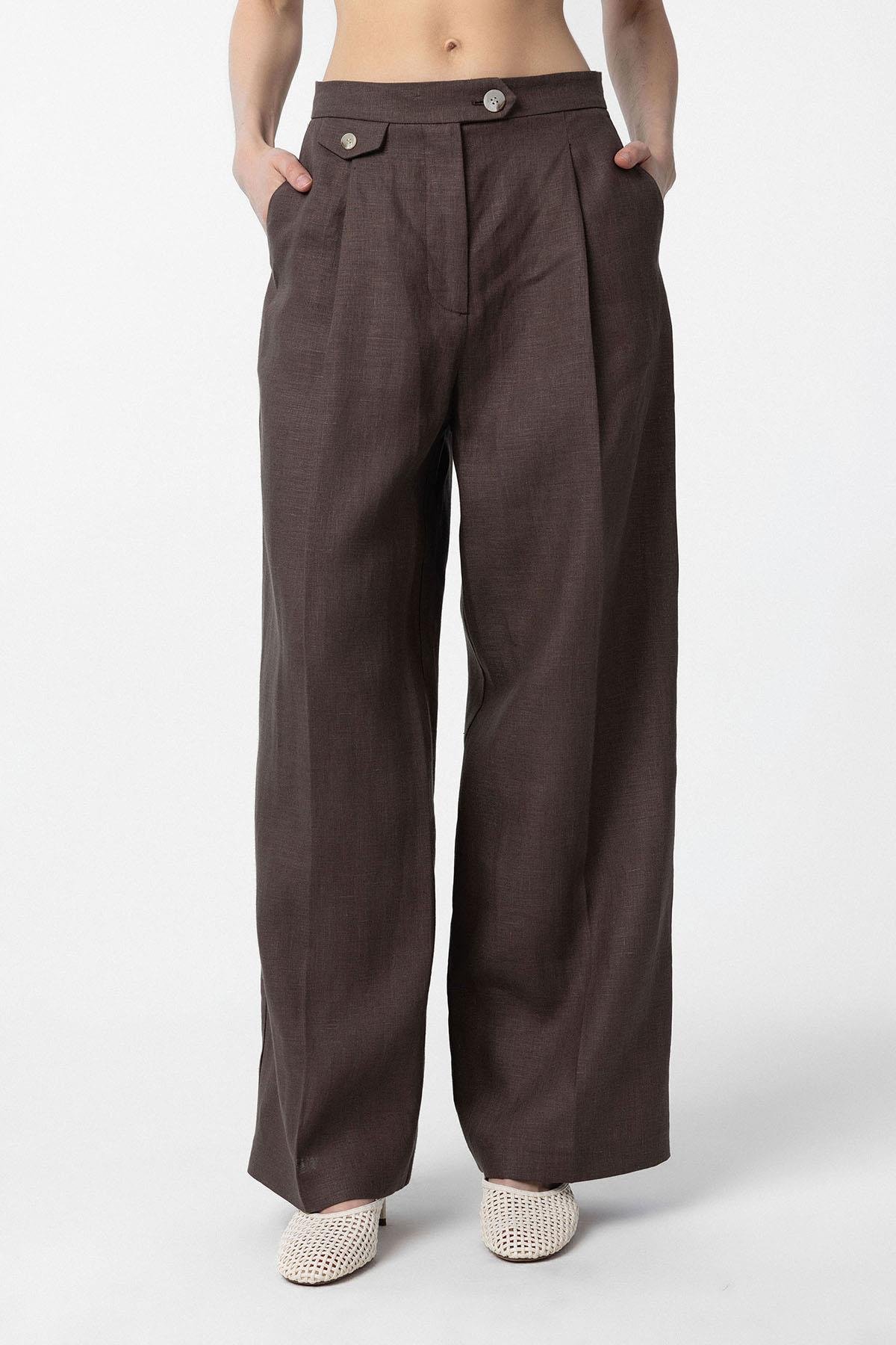 Antioch Kahve 100% Keten Yüksek Bel Pilili Kadın Pantolon