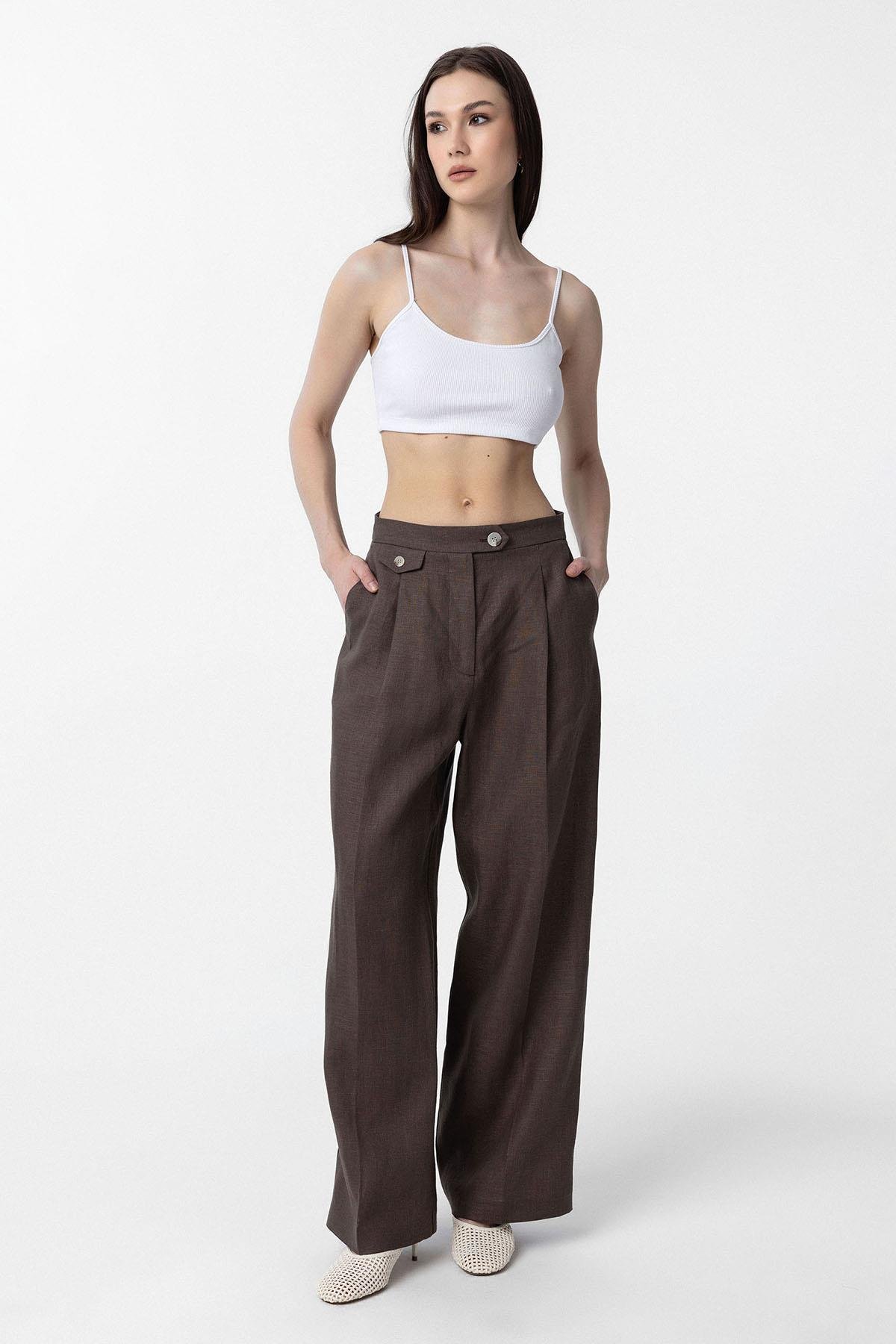 Antioch Kahve 100% Keten Yüksek Bel Pilili Kadın Pantolon