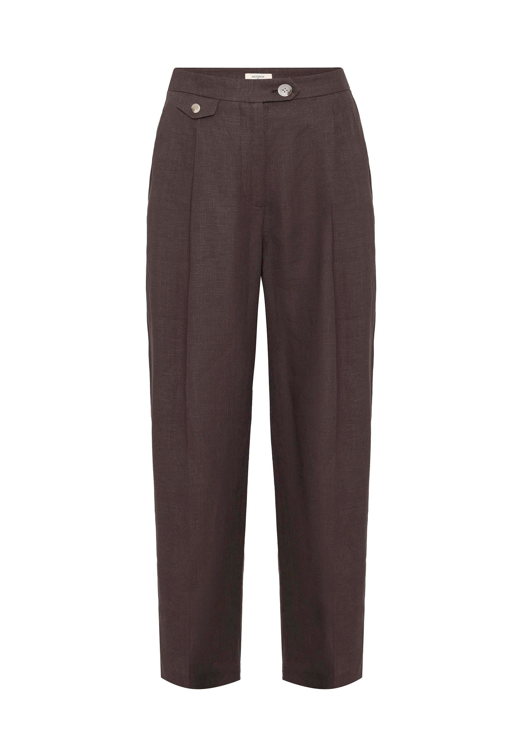 Antioch Kahve 100% Keten Yüksek Bel Pilili Kadın Pantolon