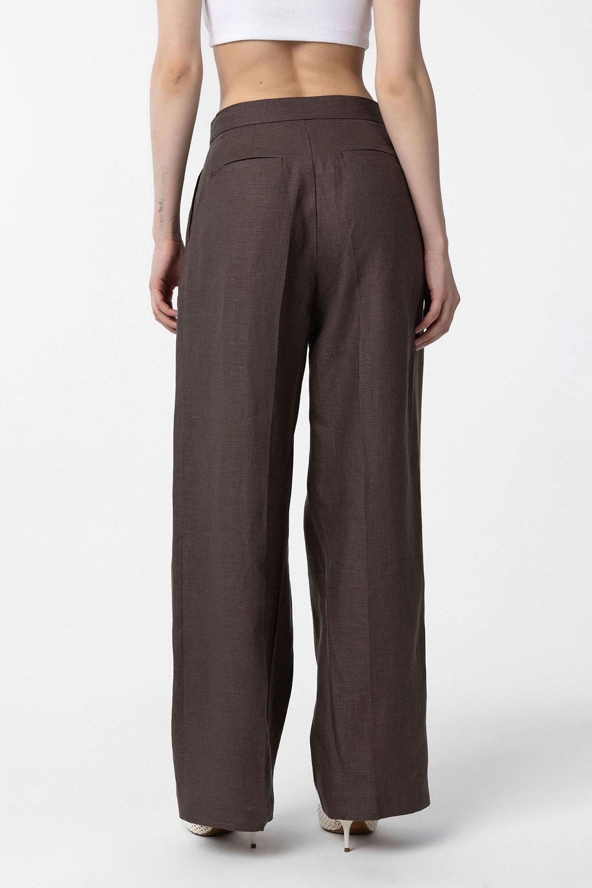 Antioch Kahve 100% Keten Yüksek Bel Pilili Kadın Pantolon
