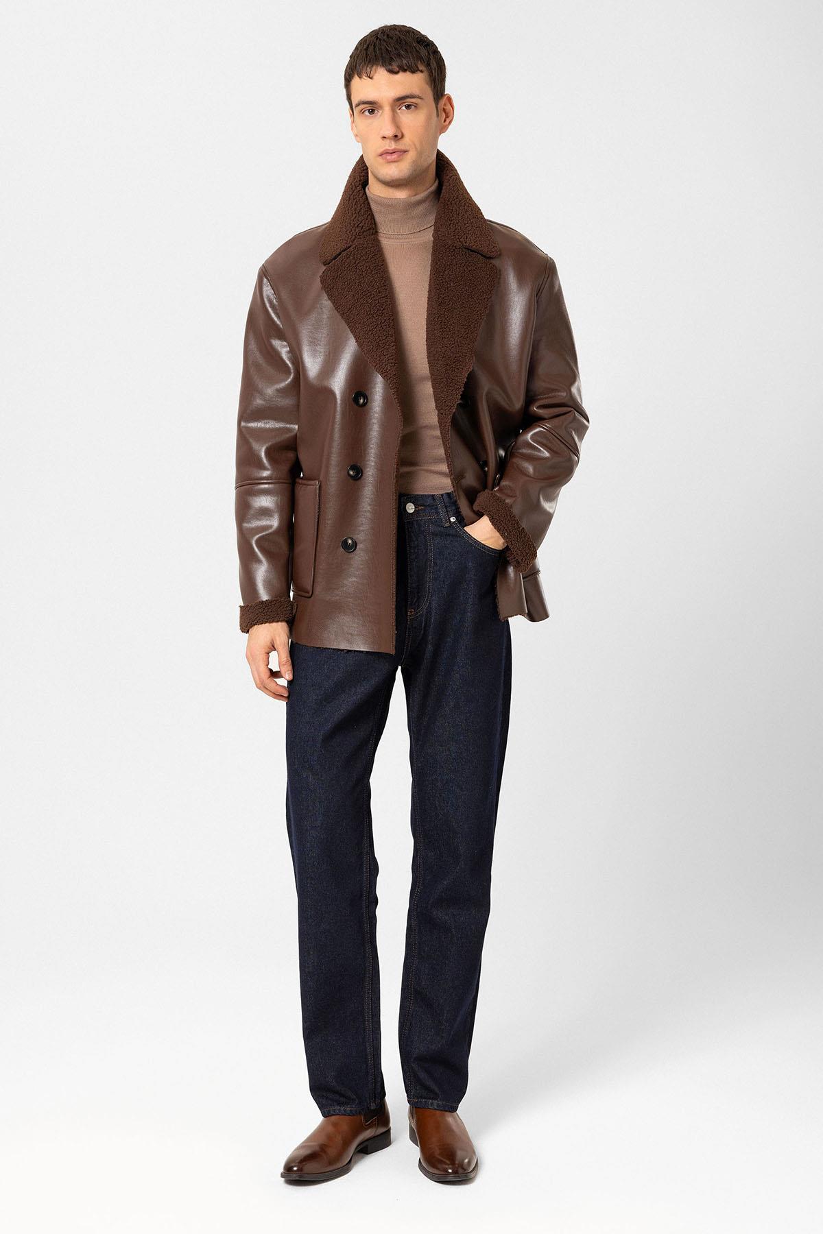 Antioch Kahve Astar Detaylı Suni Deri Kruvaze Erkek Mont