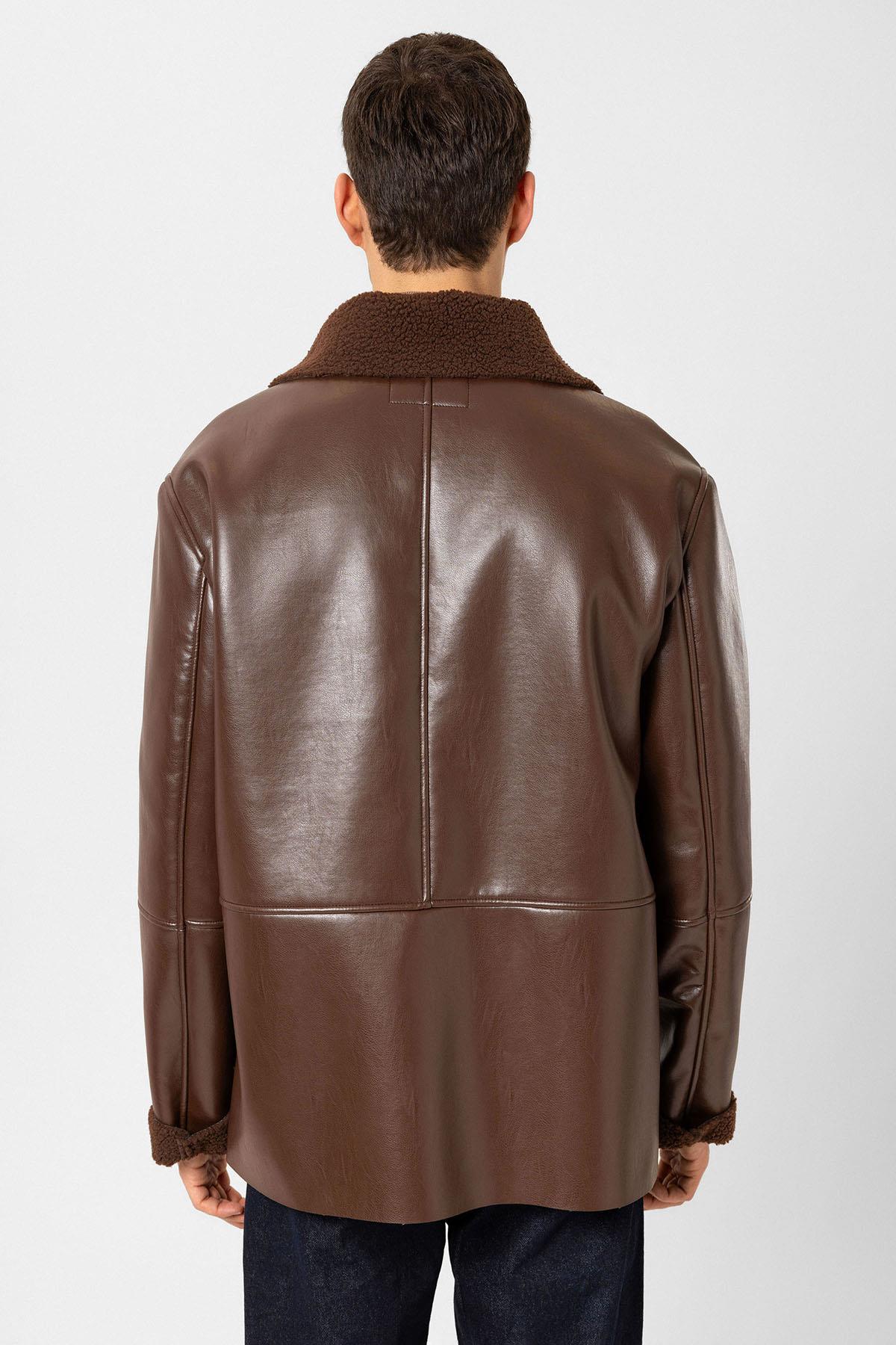 Antioch Kahve Astar Detaylı Suni Deri Kruvaze Erkek Mont
