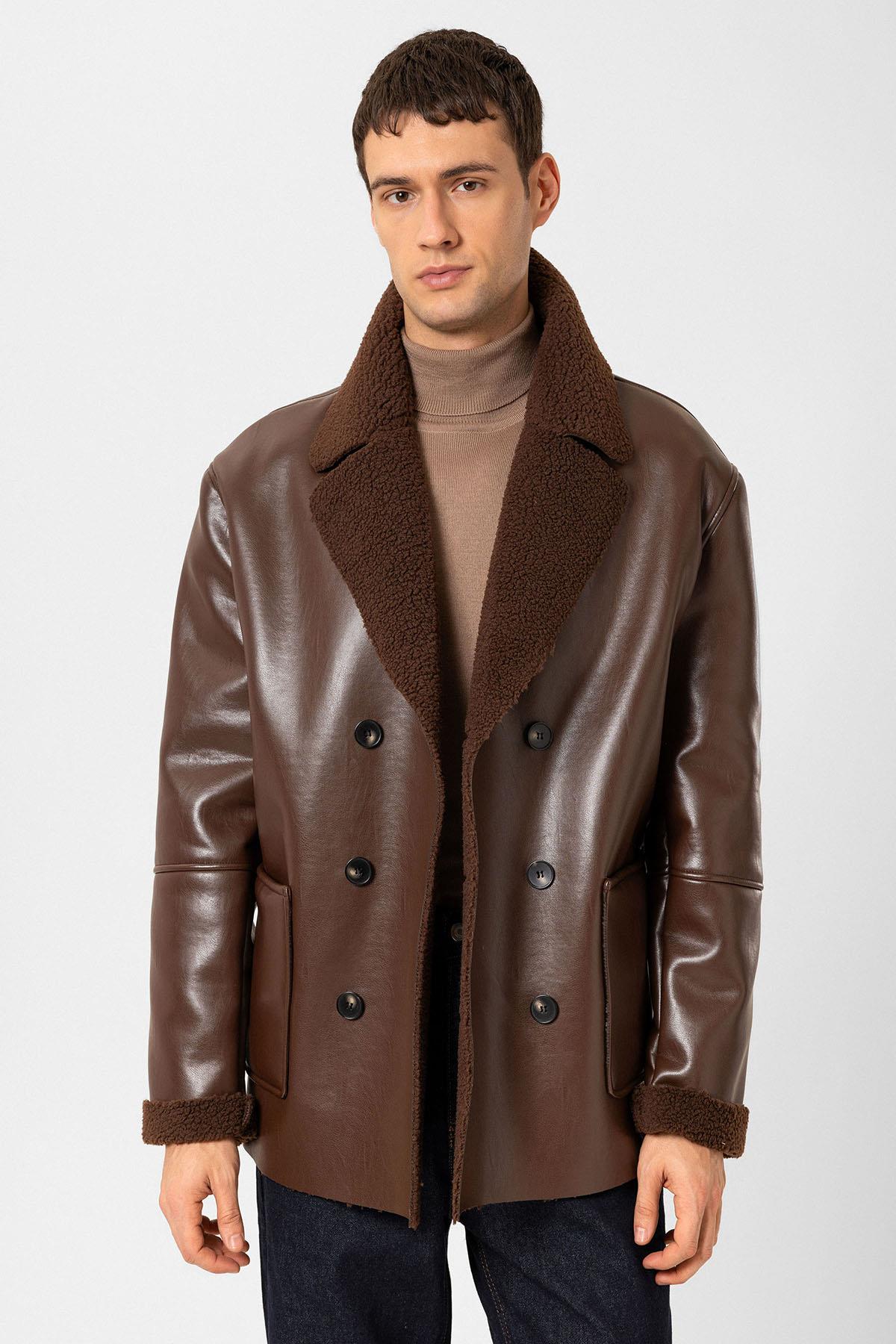 Antioch Kahve Astar Detaylı Suni Deri Kruvaze Erkek Mont