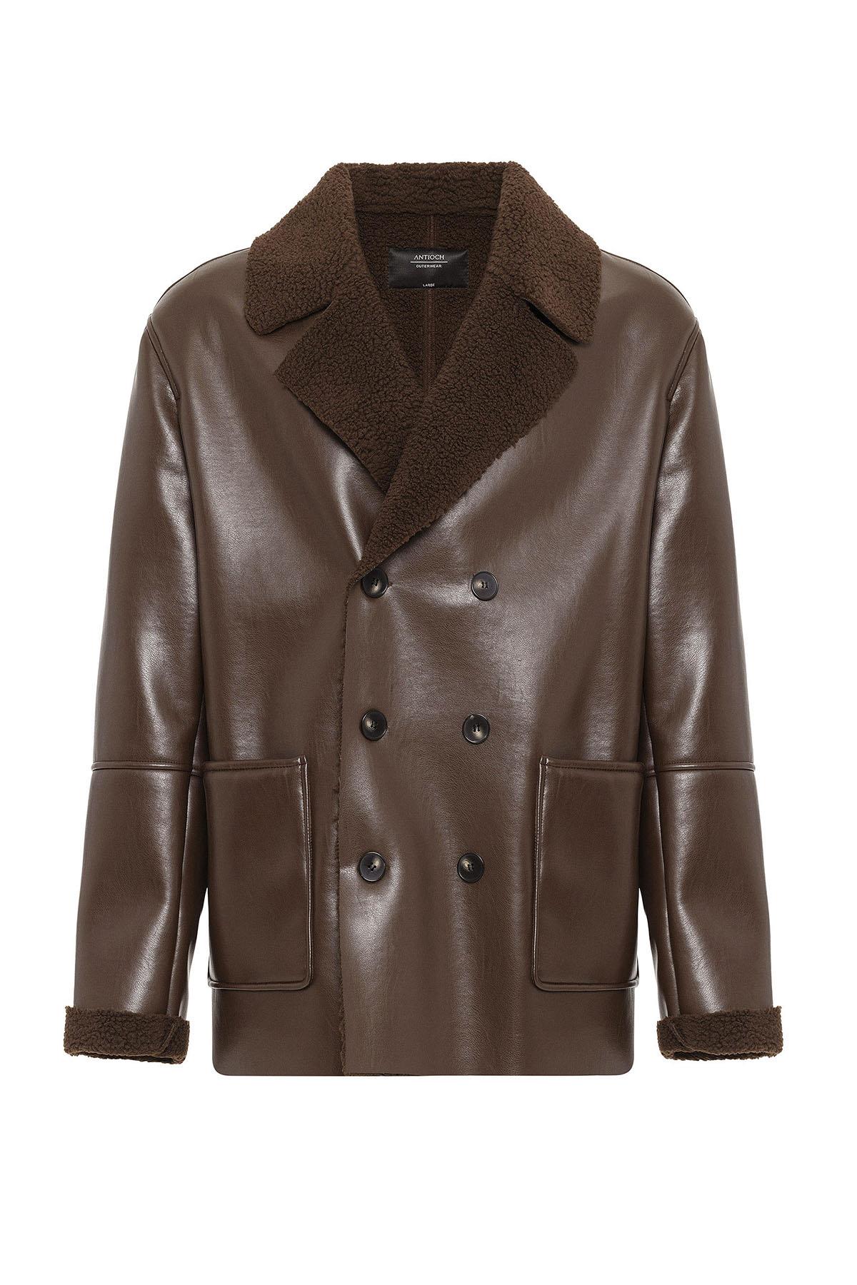 Antioch Kahve Astar Detaylı Suni Deri Kruvaze Erkek Mont