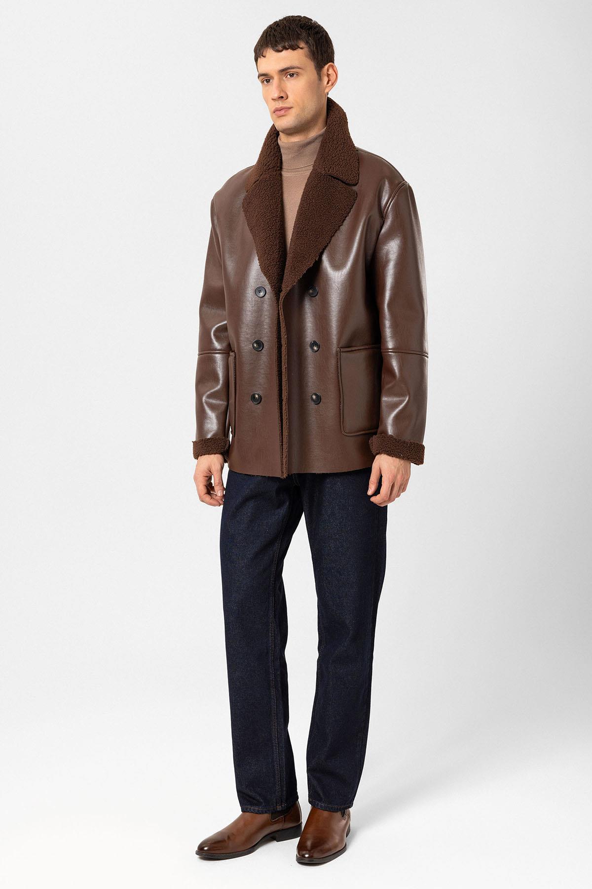 Antioch Kahve Astar Detaylı Suni Deri Kruvaze Erkek Mont