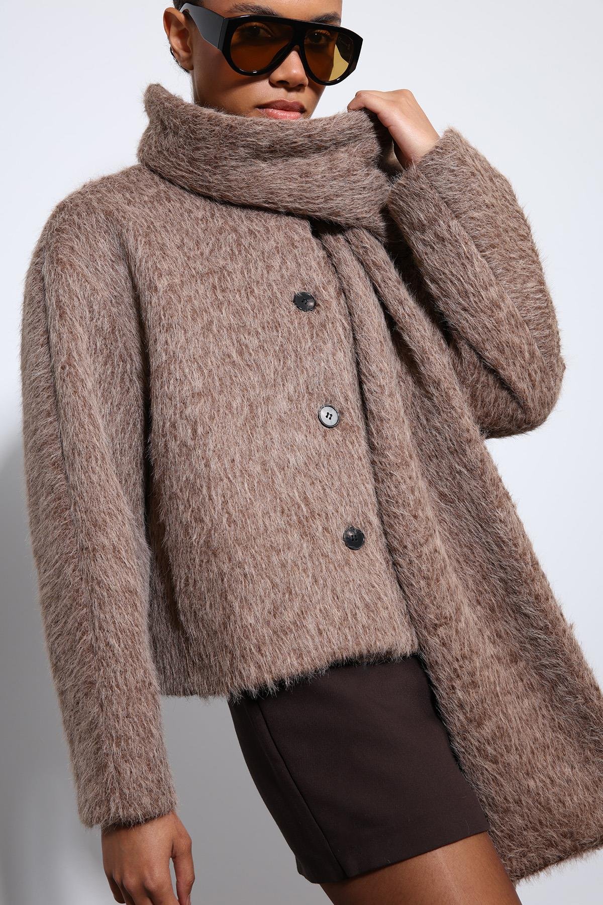 Antioch Kahve Atkı Yaka Suni Kürklü Kaban