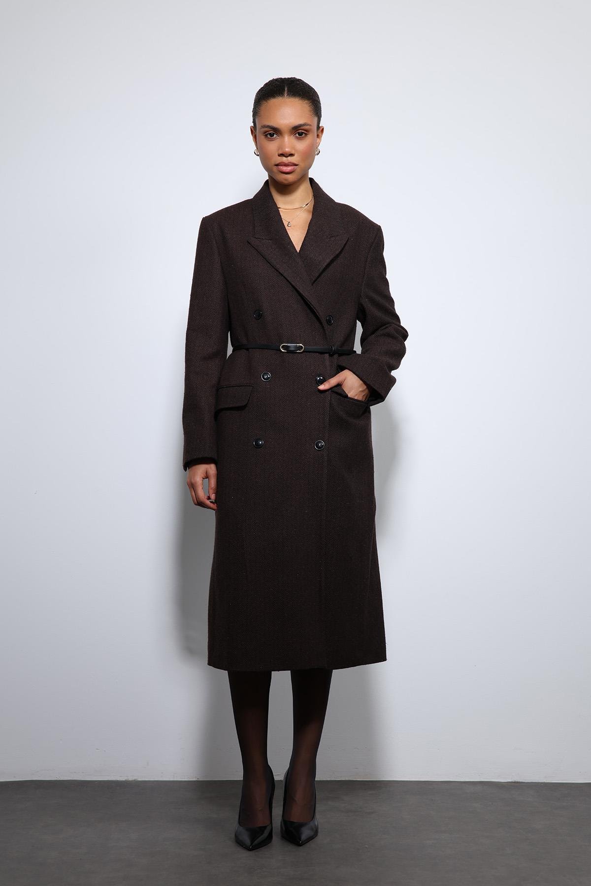 Antioch Kahve Balıksırtı Desenli Kemerli Kaban