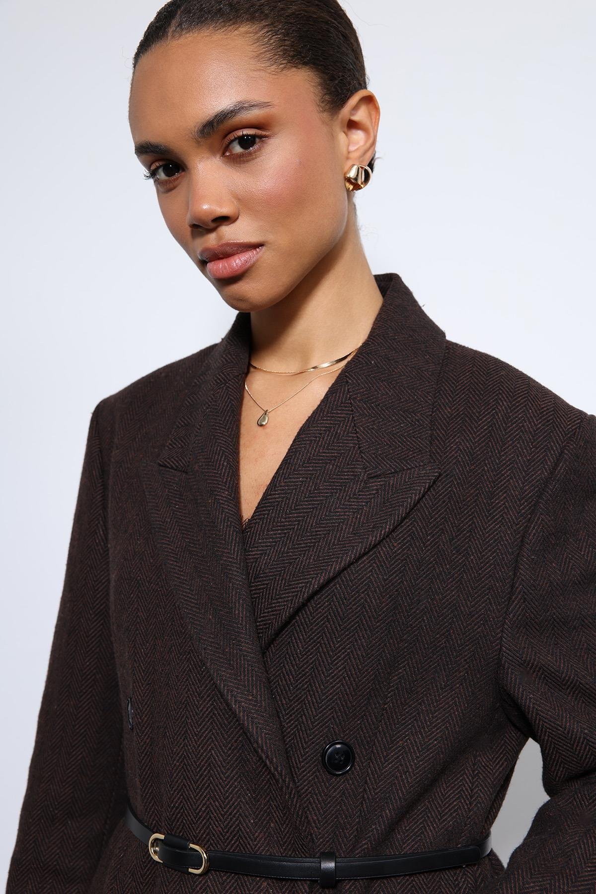 Antioch Kahve Balıksırtı Desenli Kemerli Kaban