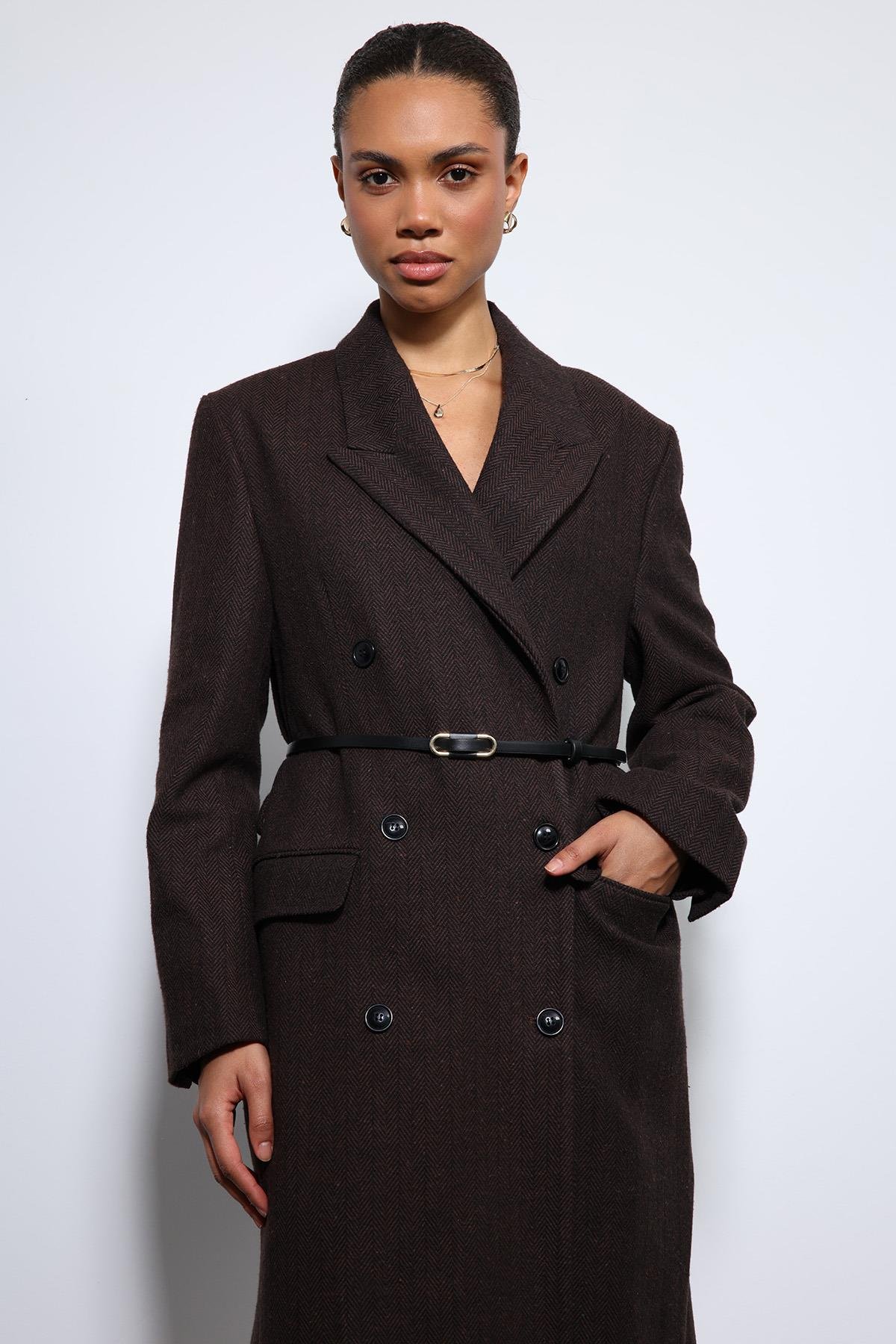 Antioch Kahve Balıksırtı Desenli Kemerli Kaban