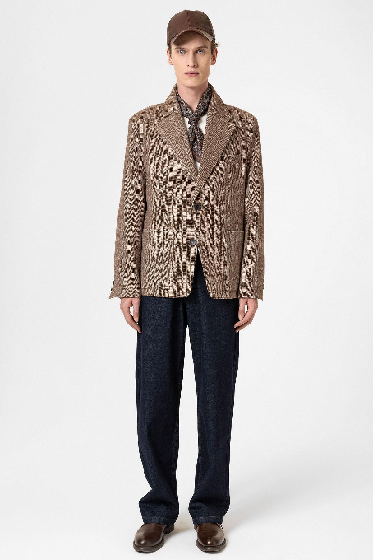 Antioch Kahve Balıksırtı Desenli Oversize Erkek Blazer Ceket