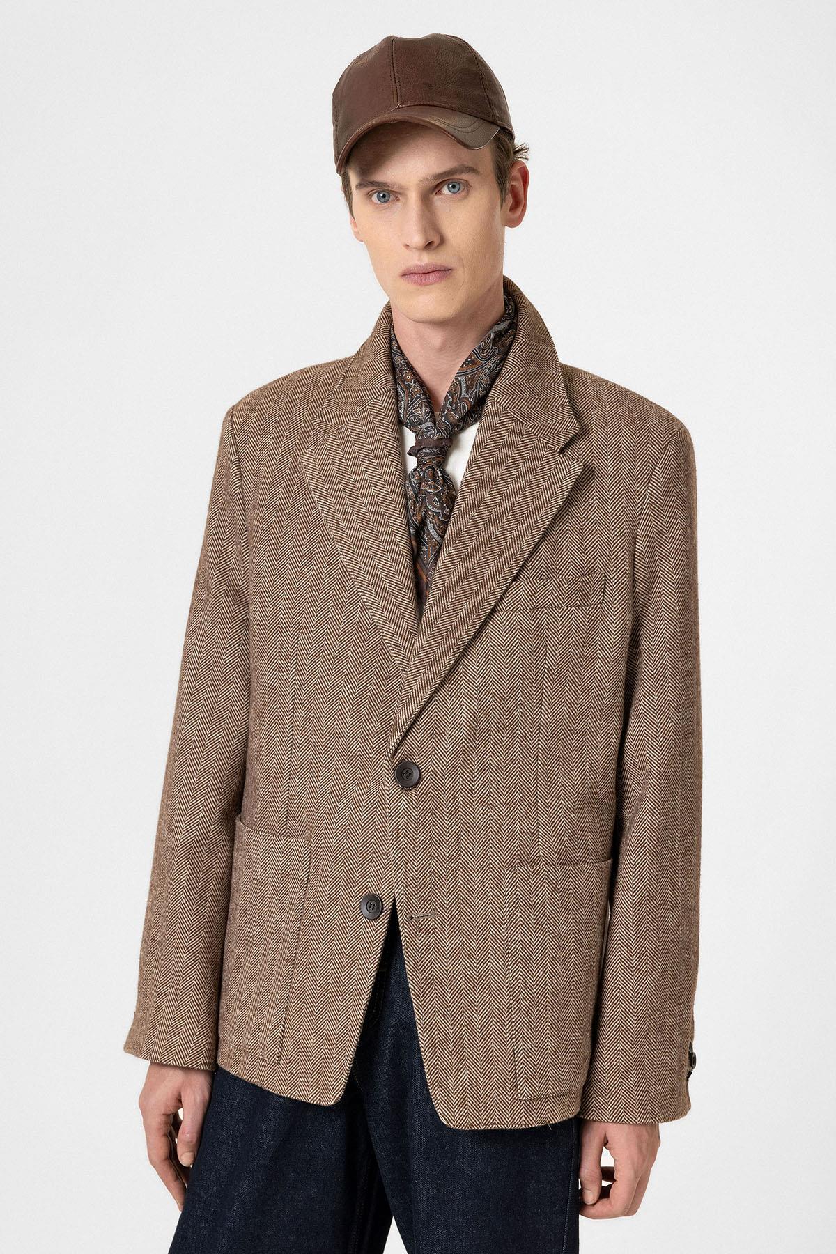 Antioch Kahve Balıksırtı Desenli Oversize Erkek Blazer Ceket