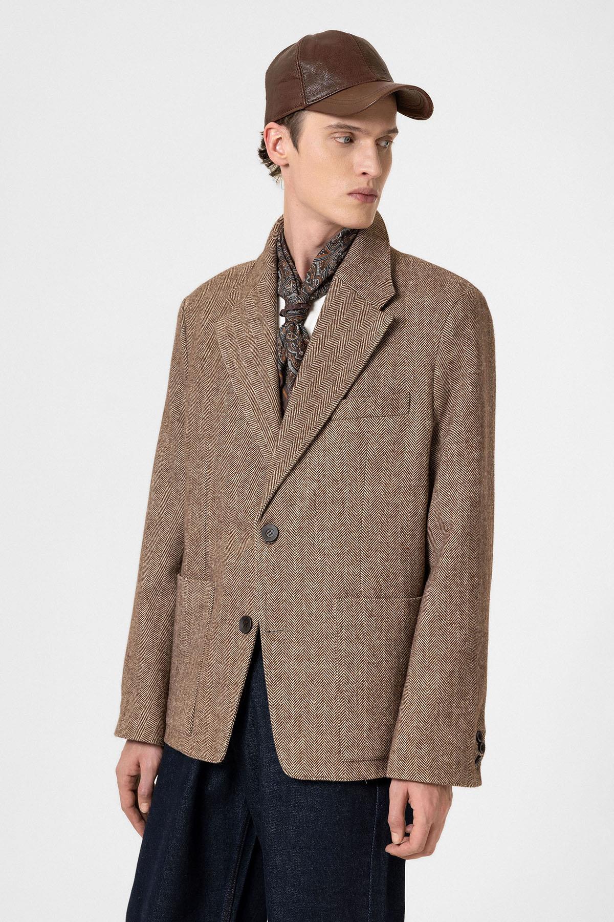 Antioch Kahve Balıksırtı Desenli Oversize Erkek Blazer Ceket