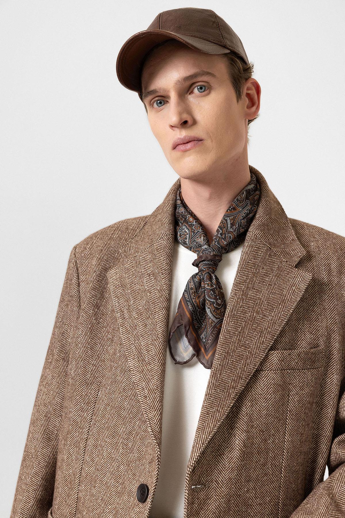 Antioch Kahve Balıksırtı Desenli Oversize Erkek Blazer Ceket