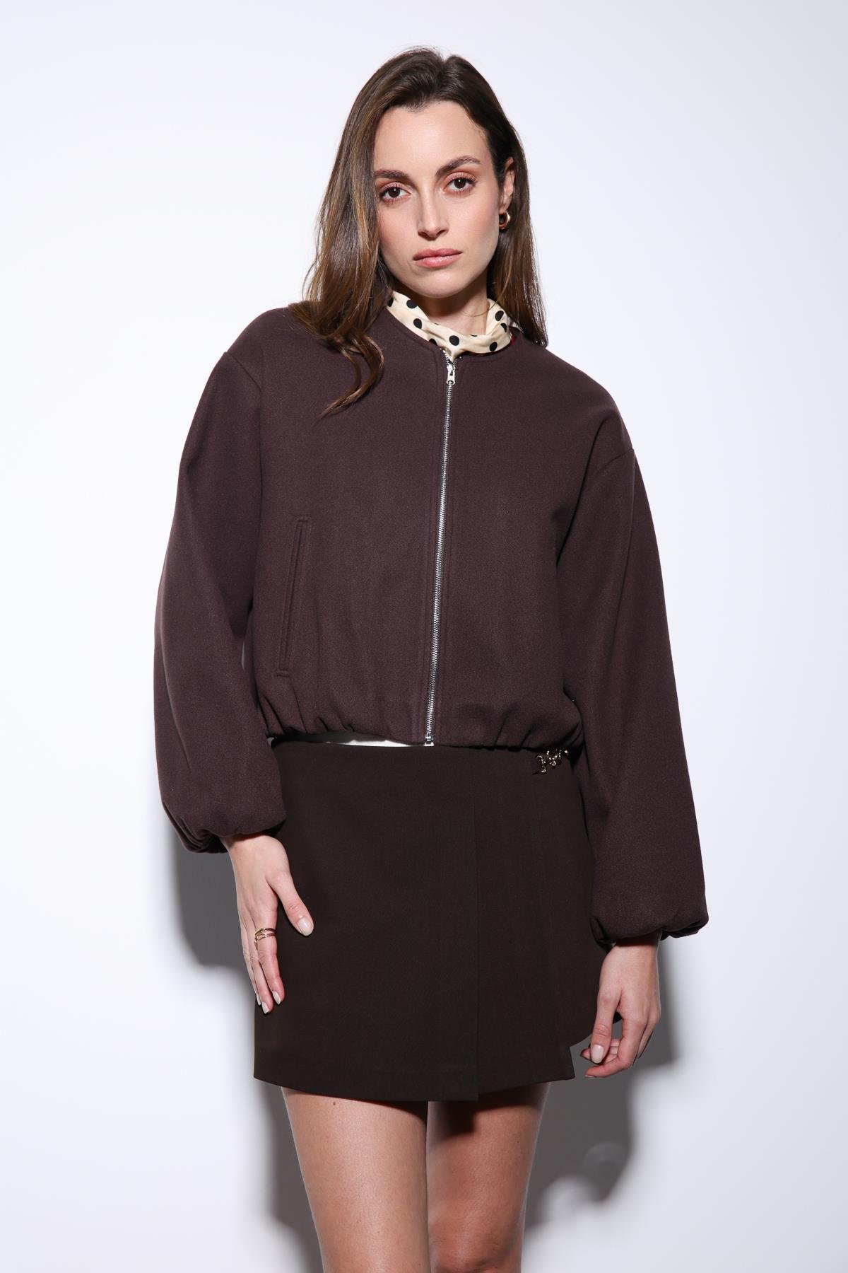 Antioch Kahve Bel Lastikli Crop Kadın Mont