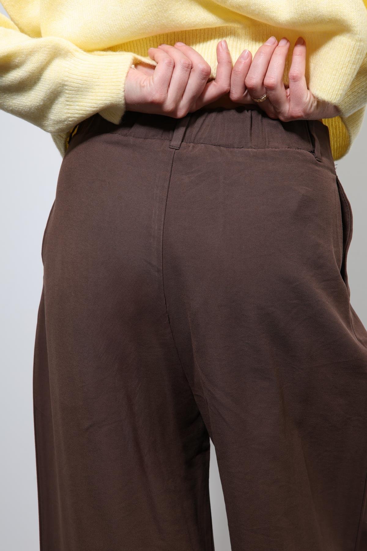 Antioch Kahve Bel Lastikli Pileli Kadın Pantolon