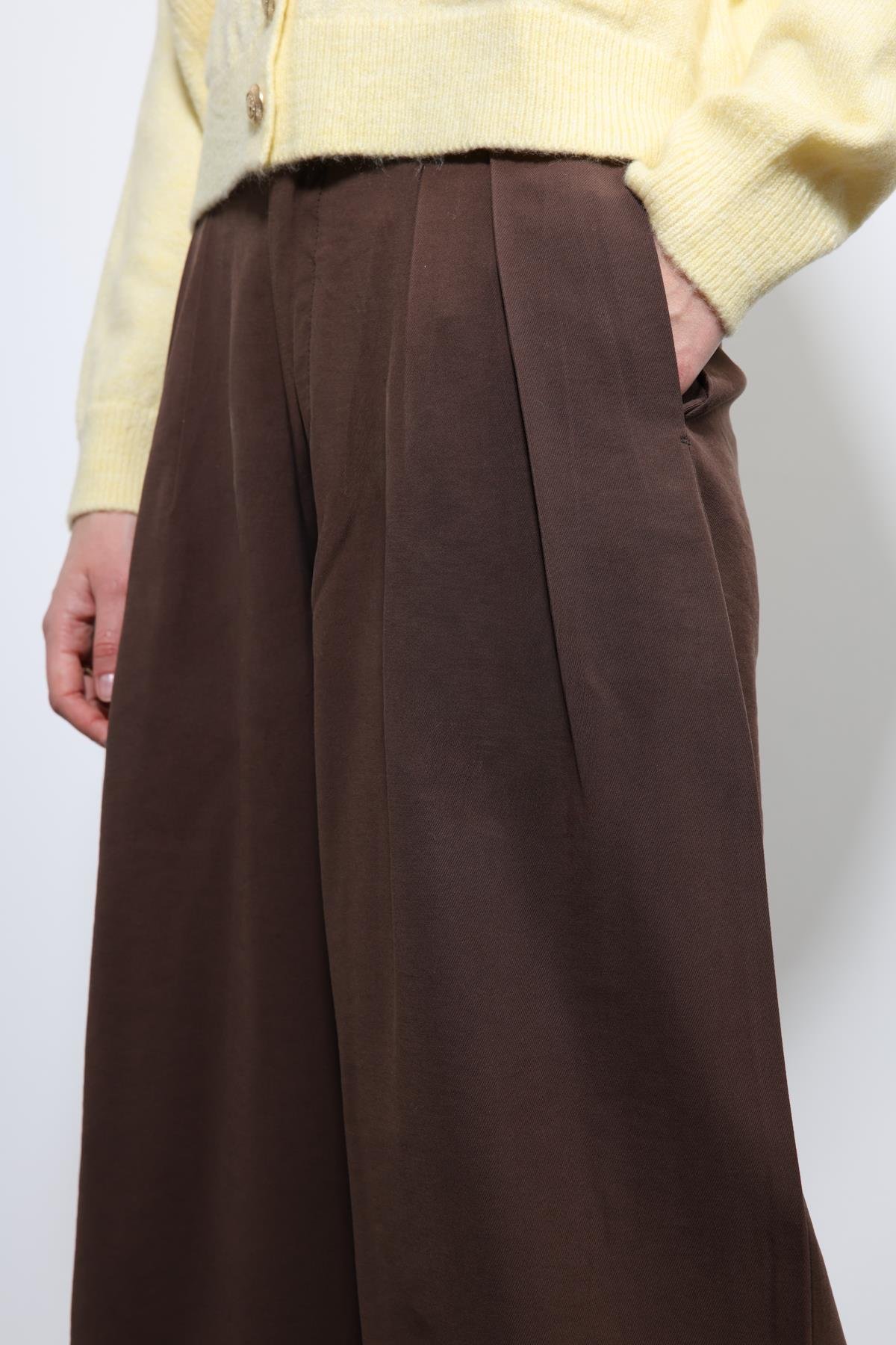 Antioch Kahve Bel Lastikli Pileli Kadın Pantolon