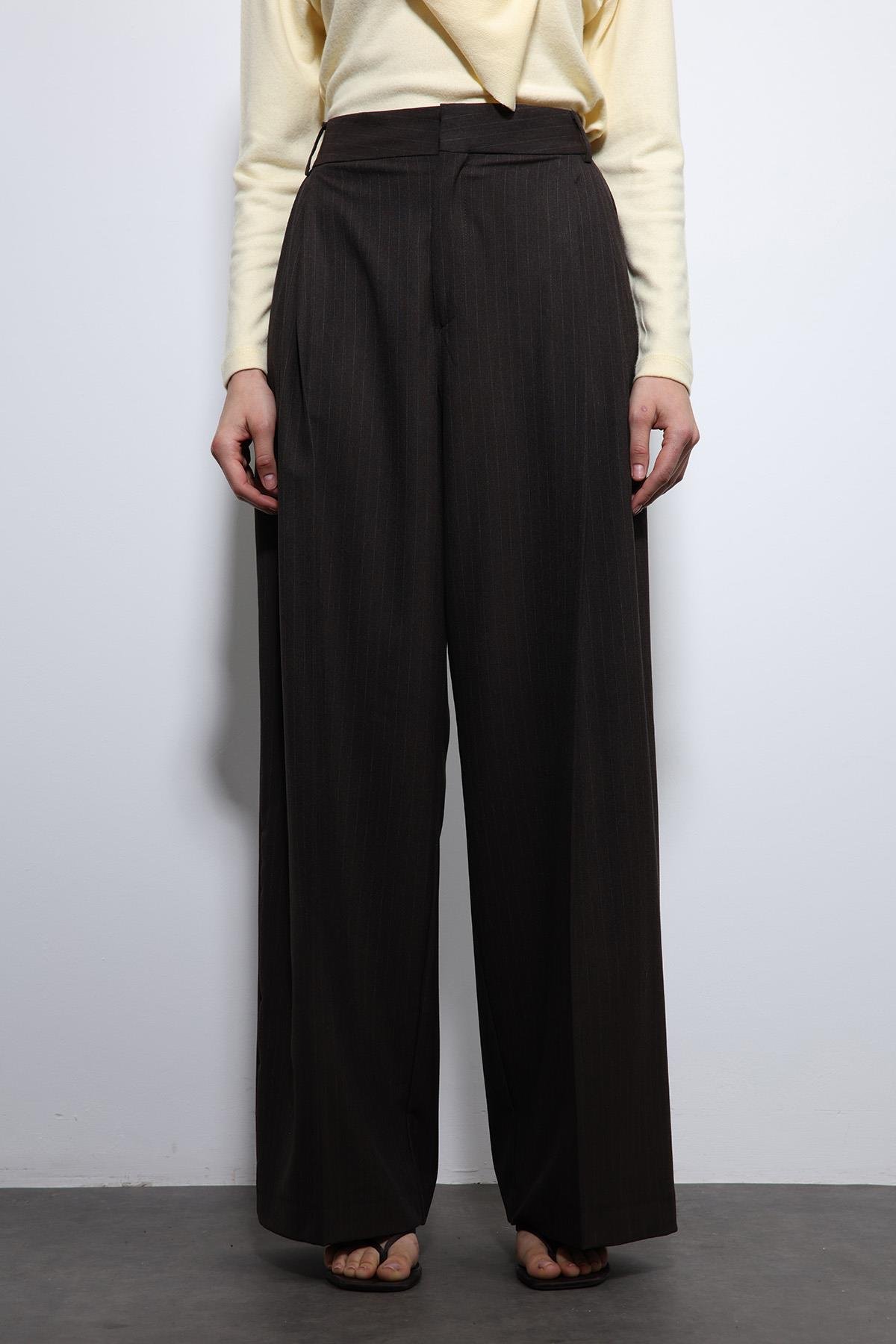 Antioch Kahve Çizgili Geniş Paça Pantolon