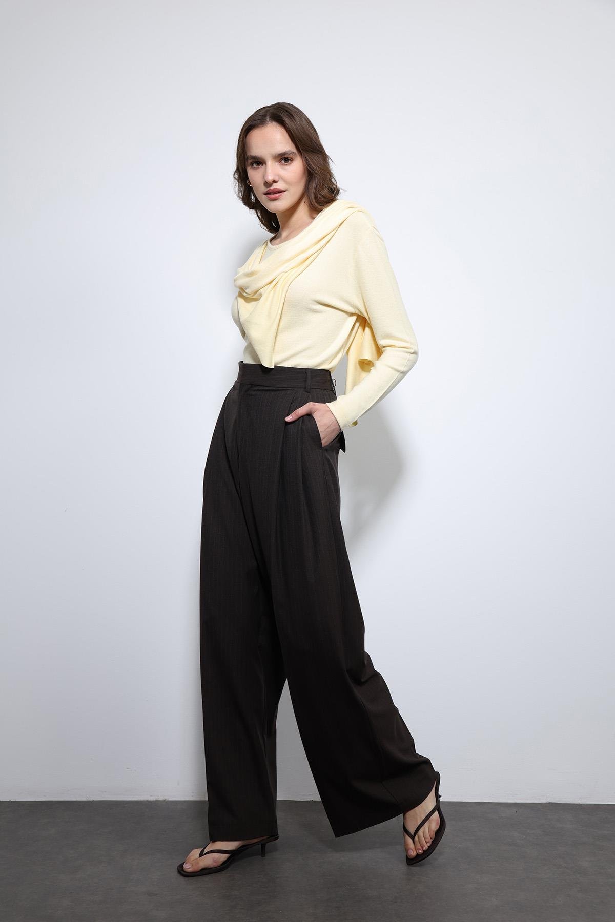 Antioch Kahve Çizgili Geniş Paça Pantolon