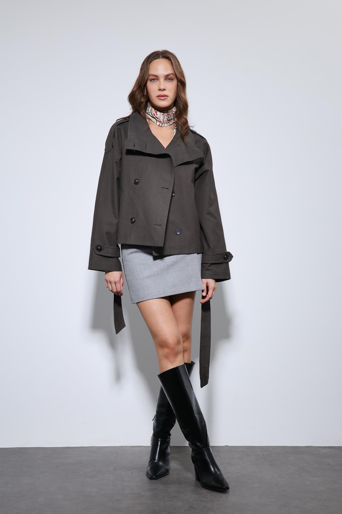 Antioch Kahve Dik Yaka Kruvaze Trençkot