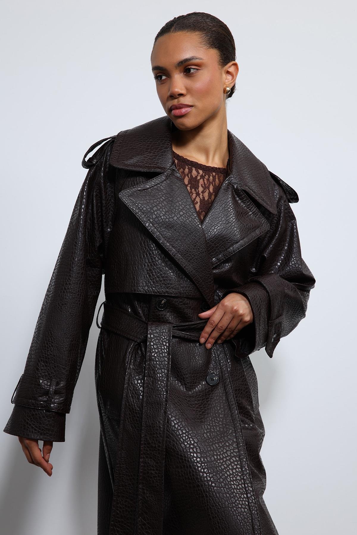 Antioch Kahve Dokulu Suni Deri Trençkot