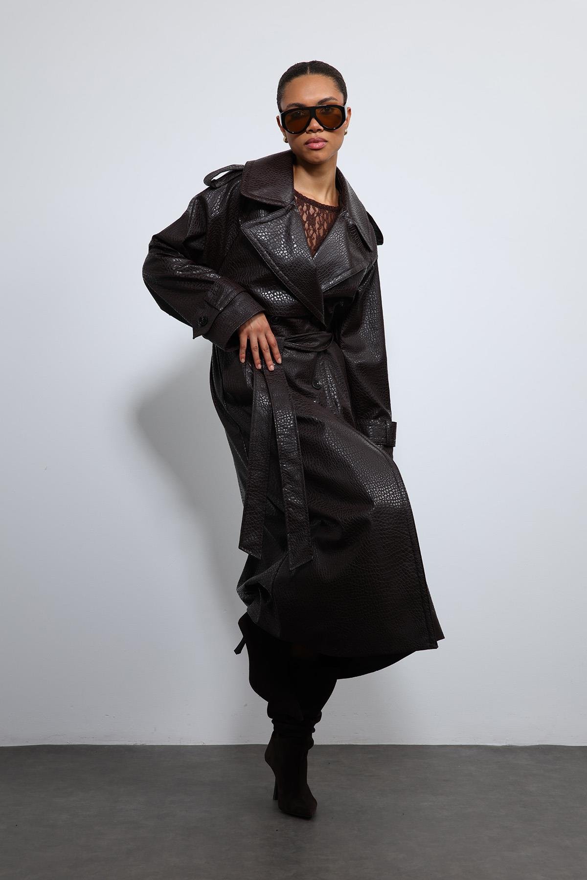 Antioch Kahve Dokulu Suni Deri Trençkot