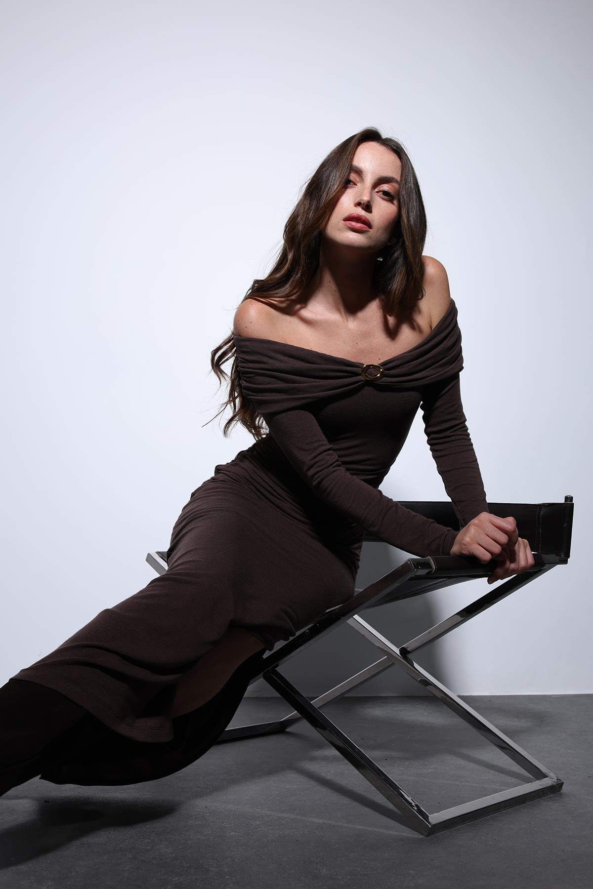 Antioch Kahve Drape Detaylı Aksesuarlı Elbise